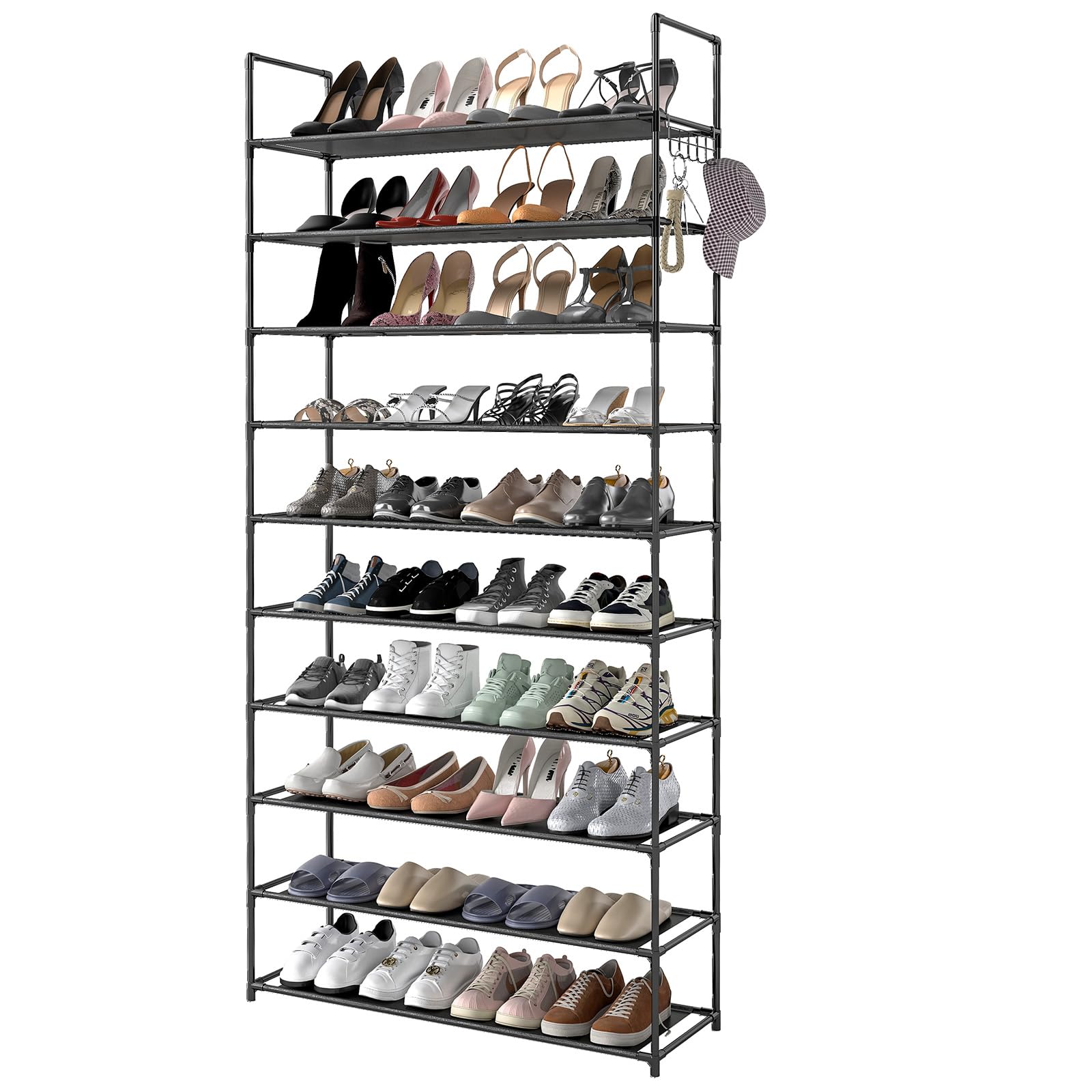 GreenWhim 10 Tier Shoe Rack, Shoe Storage Organiser Metal Storage Rack 73 x 28 x 175cm, Upright or Upside Down, Fits 40 Pairs, Stackable for Hallway (10 Tier)