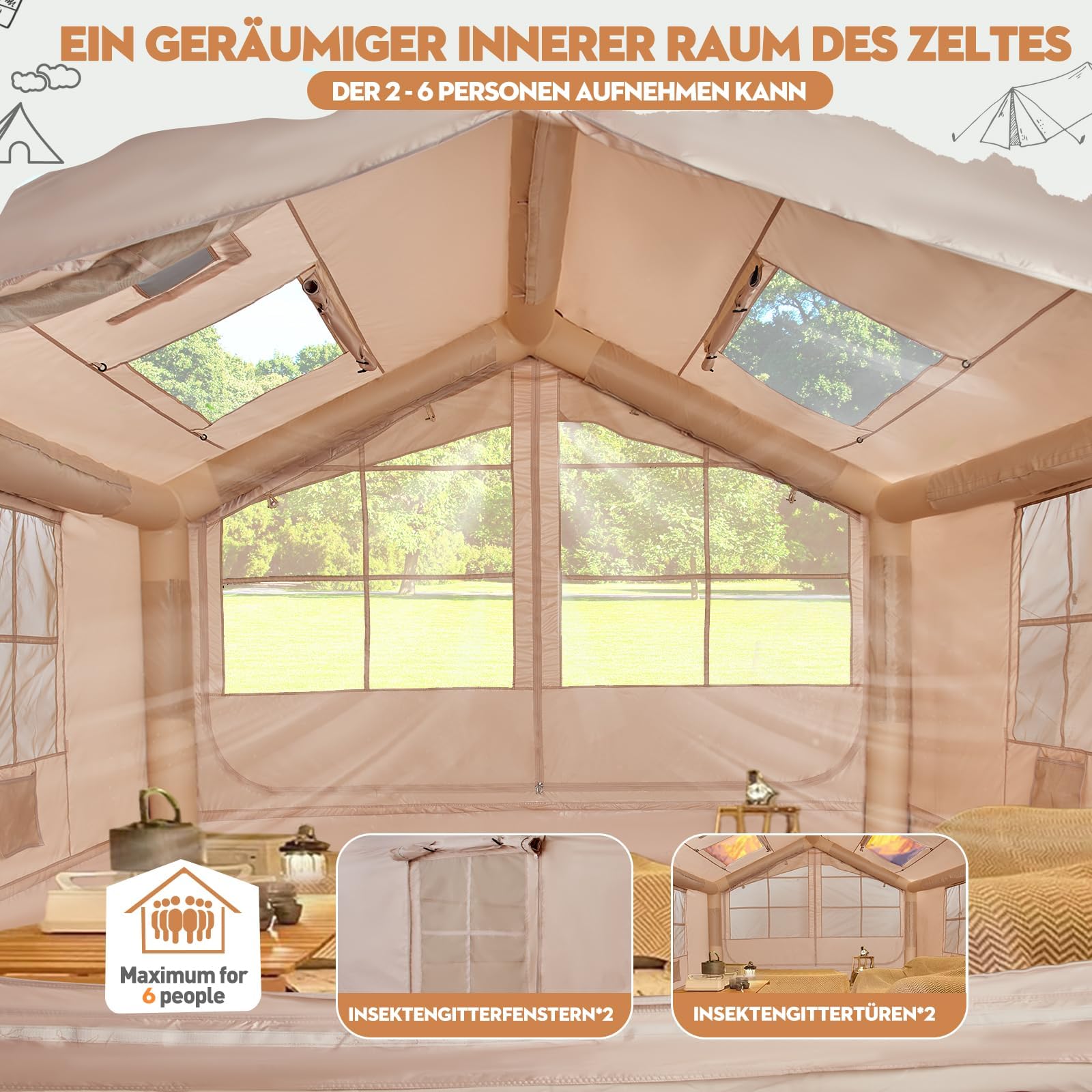 Tienda de campaña Hinchable de 2,5 m con Apertura de Chimenea y claraboya, Tienda de casa de Exterior Tienda para 2-6 Personas con Bomba de Aire, Tejido Oxford, 4 Estaciones, Impermeable