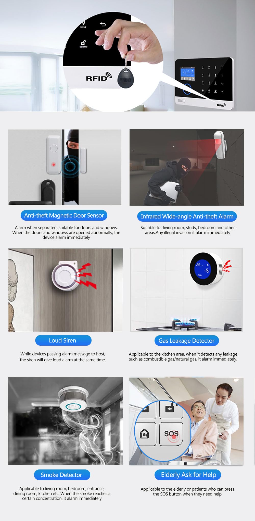 Sistema di allarme domestico wireless intelligente con controllo WiFi, kit di 8 pezzi (rilevatore di movimento, sensore di porte Window, remoto, siren) per casa, appartamento. Lavora con Alexa.