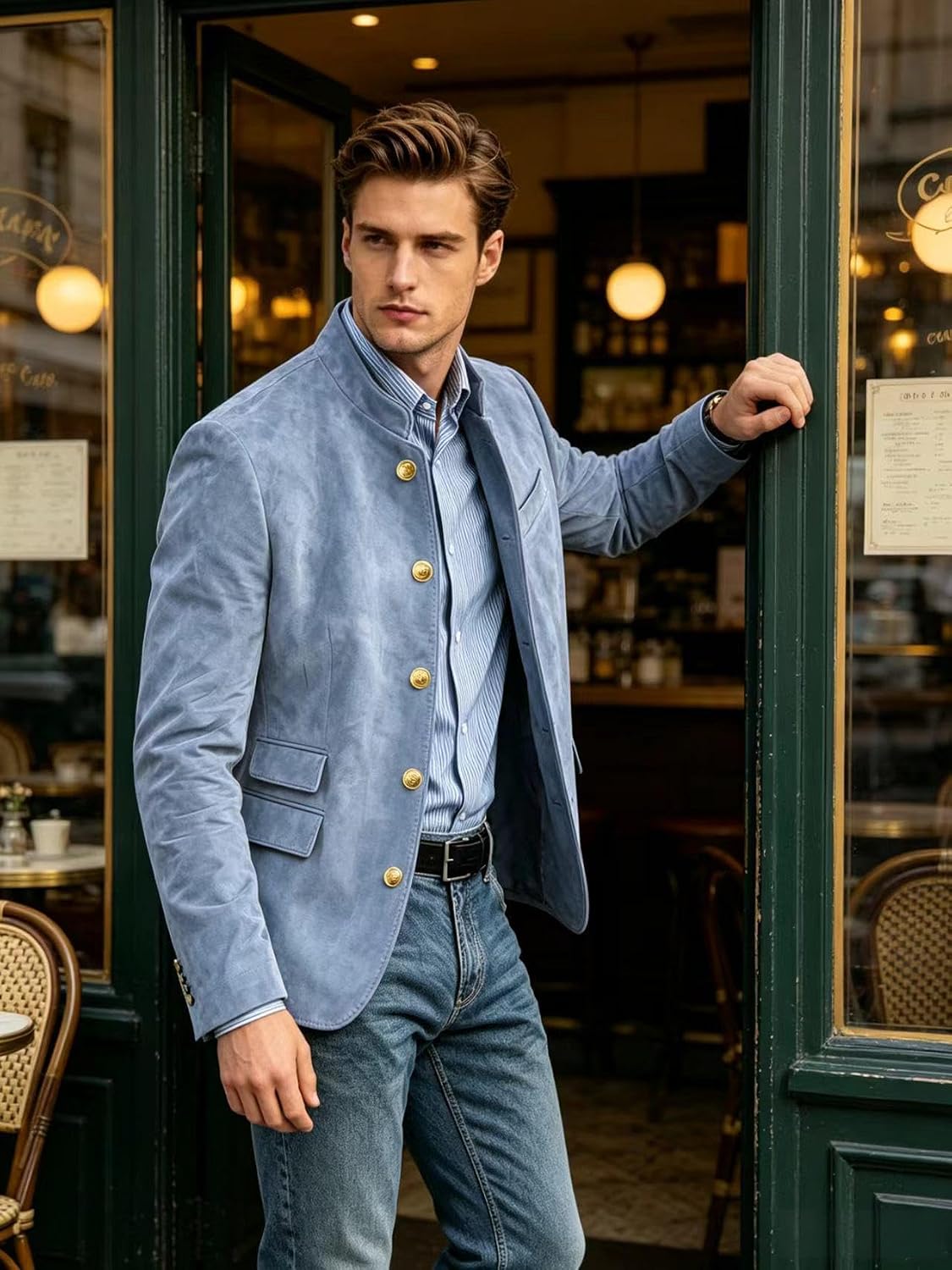 Men's Suede Blazer Stand Collar Slim Fit Vintage Sport Coat with Gold Buttons Business Casual Jacket