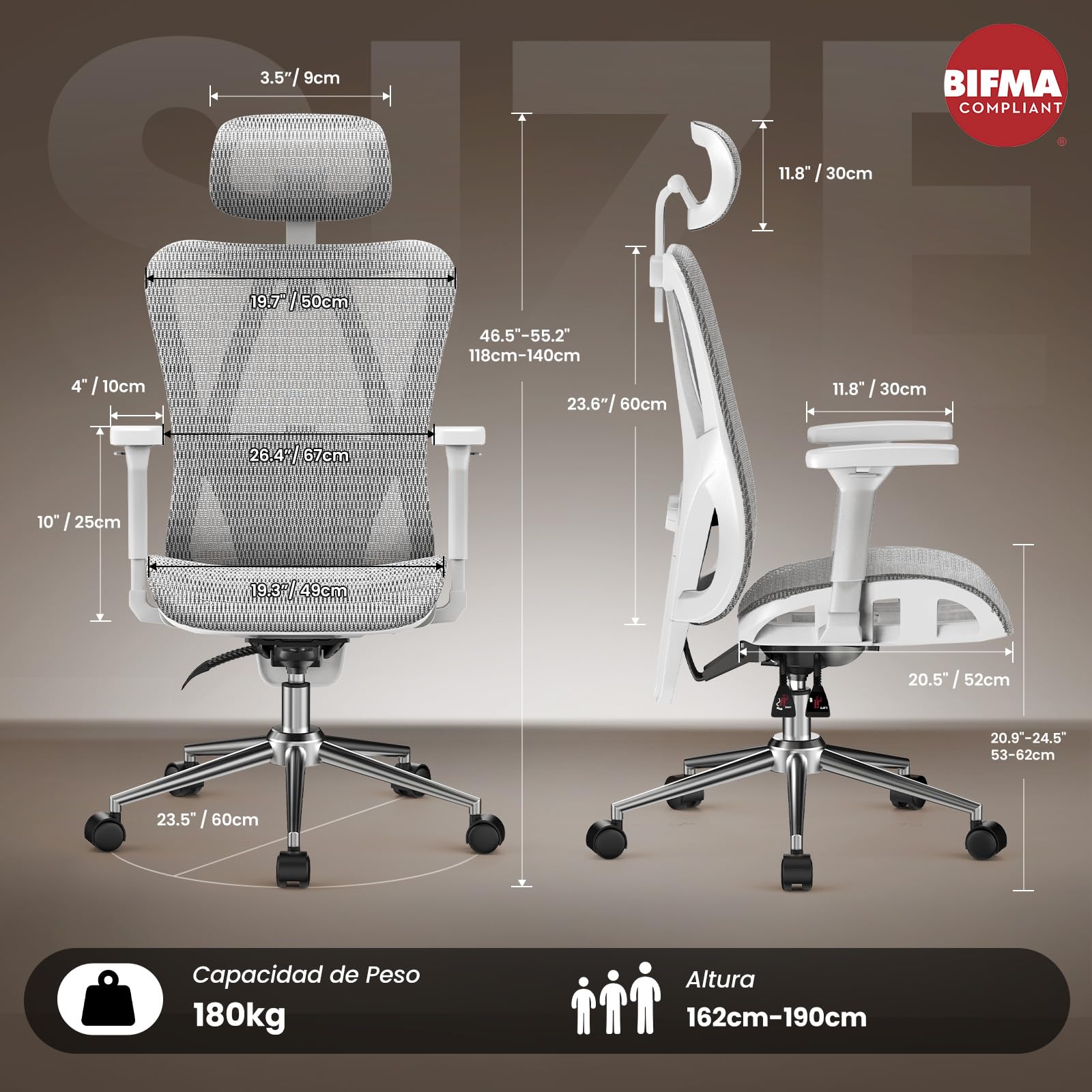 naspaluro Silla de Oficina Ergonómica con Reposacabezas, Respaldo Ajustable en 3 Posiciones, Carga hasta 150kg, Silla de Escritorio para Oficina y Home Office, Gris Claro