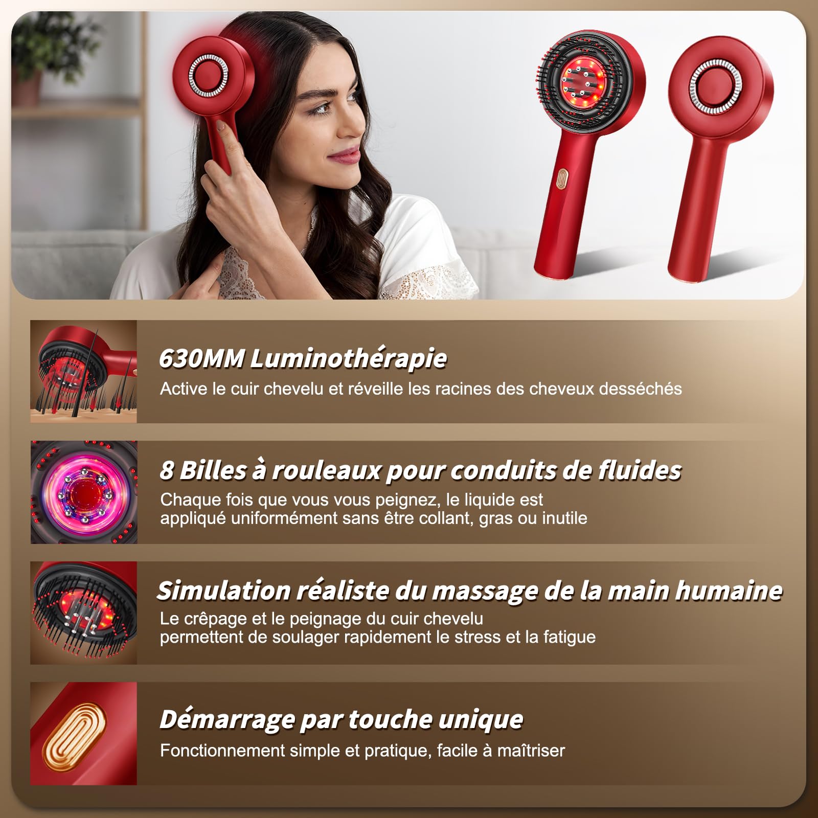 Brosse Massage Cuir Chevelu,Masseur Tete Cheveux,Masseur électrique du cuir chevelu,peigne électrique portable de massage du cuir chevelu et des cheveux,Pour les hommes et les femmes,Rouge