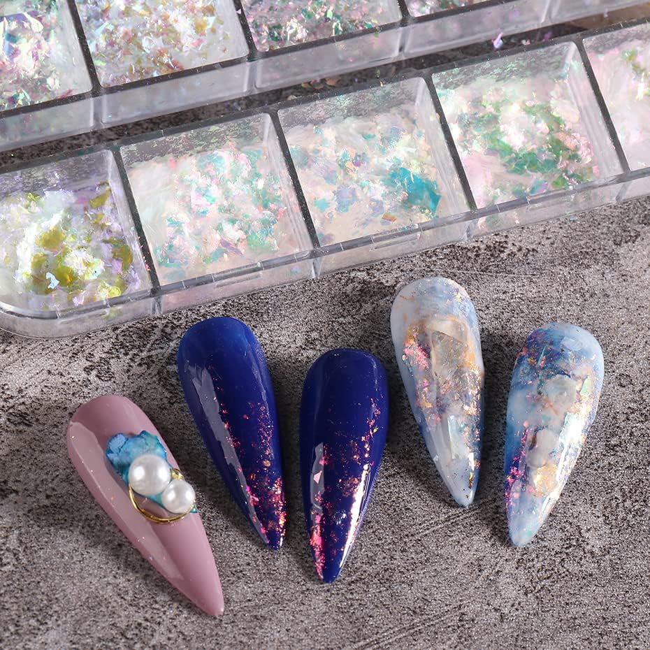 Holographic Iridescent Nail Glitter KALEFUL 12 Color Aurora Foil Nail Art Sequins Flakes Paillettes Designs Manicure Nail Decorations