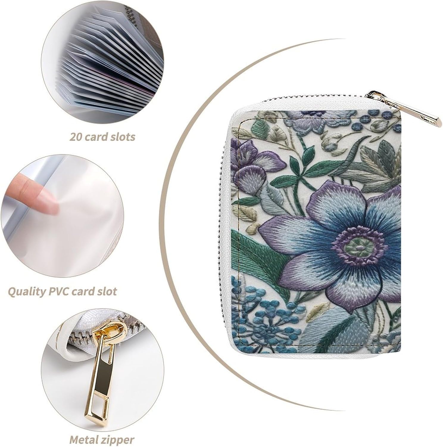 Leather Card Organizer Case Card Wallet Credit Card Holder Blue Purple Flowers Printed Zipper Card Cases Holder for Women Men
