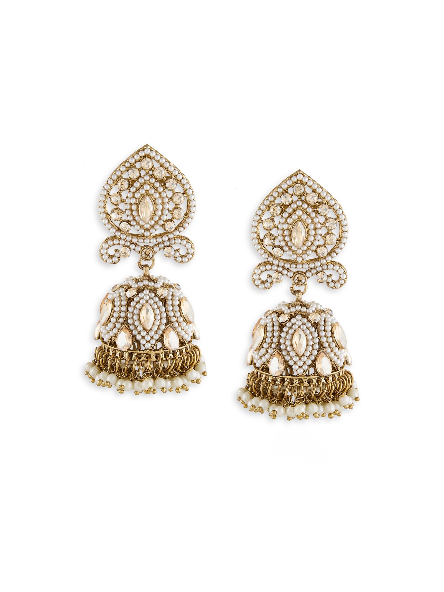 Gold Tone Dazzling Stones Pearls Embellished Statement Jhumka Earring For Women-ZPFK19048-image-42