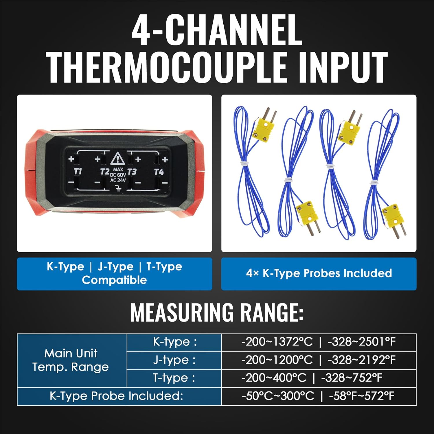 Thermocouple Thermometer Data Logger Digital 4 Channel K/J/T Type Temperature Logger with Sound & Light Alarm, 5000 Groups Programmable Temperature Recording, Range of -328-2501℉, ADJ Compensation