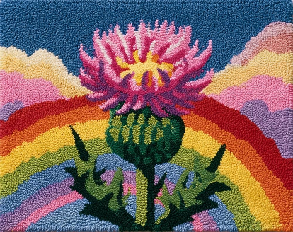 FWRTYCB Latch Hook Rug Kits, Thistle Flower Under a Rainbow