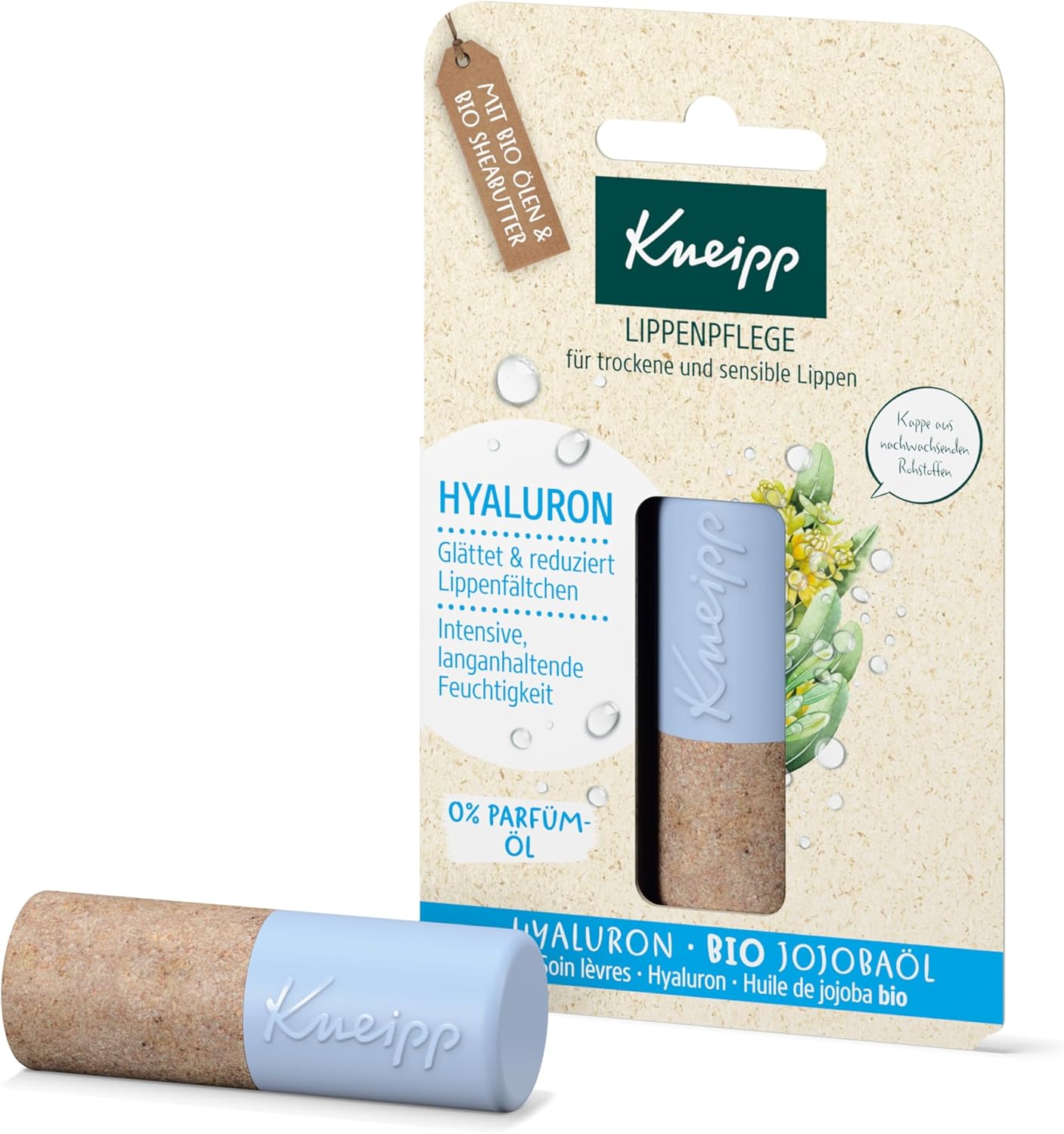 Kneipp Hyaluron Lippenverzorging, voor droge en gevoelige lippen, maakt rimpels glad en vermindert liprimpels, met hyaluron en biologische jojoba-olie, 4,7 g