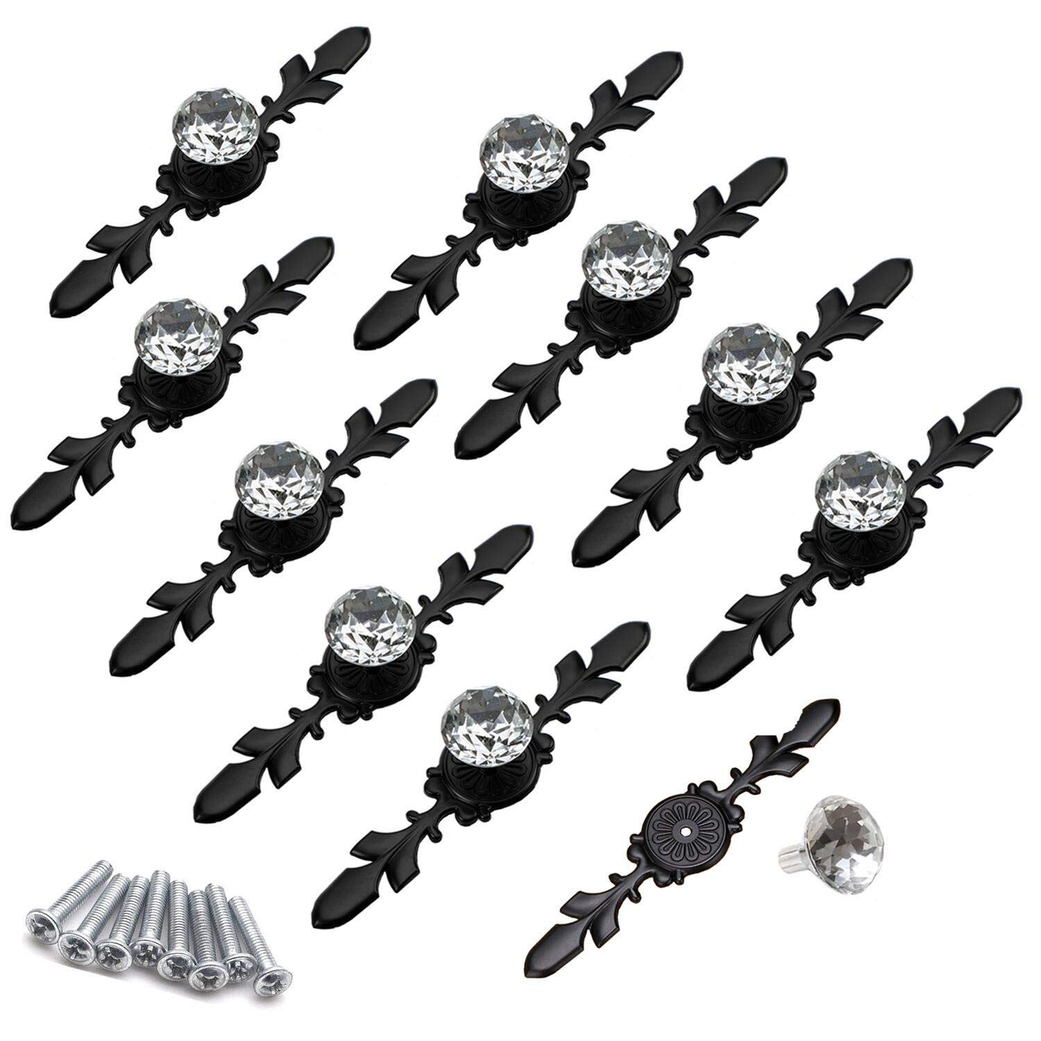 YMAISS10pcs Crystal Cabinet Knobs Drawer Dresser Handles Diamond Glass Pulls with Black Back Plate and Screws, Clear Glass Diamond Decorative Knobs,Glass Cabinet Knobs,Clear Knobs