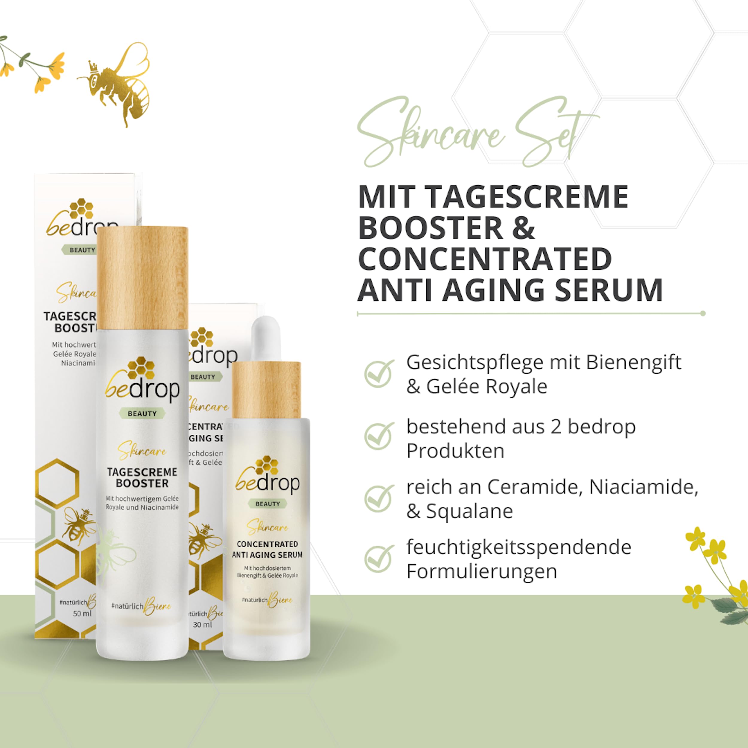 bedrop Skin Care Set - Concentrated Anti Aging Bienengift Serum & Tagescreme Booster Gesichtscreme im Set - Bei Falten für Gesichtspflege