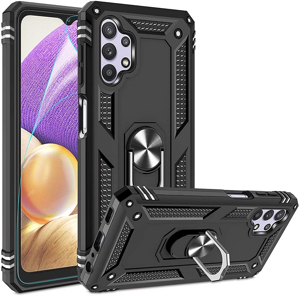 YoYoTech Military Grade Magnetic Kickstand Ring Holder Dual Layer Shockproof Protective Case Cover designed for Samsung Galaxy A32 5G (Black)