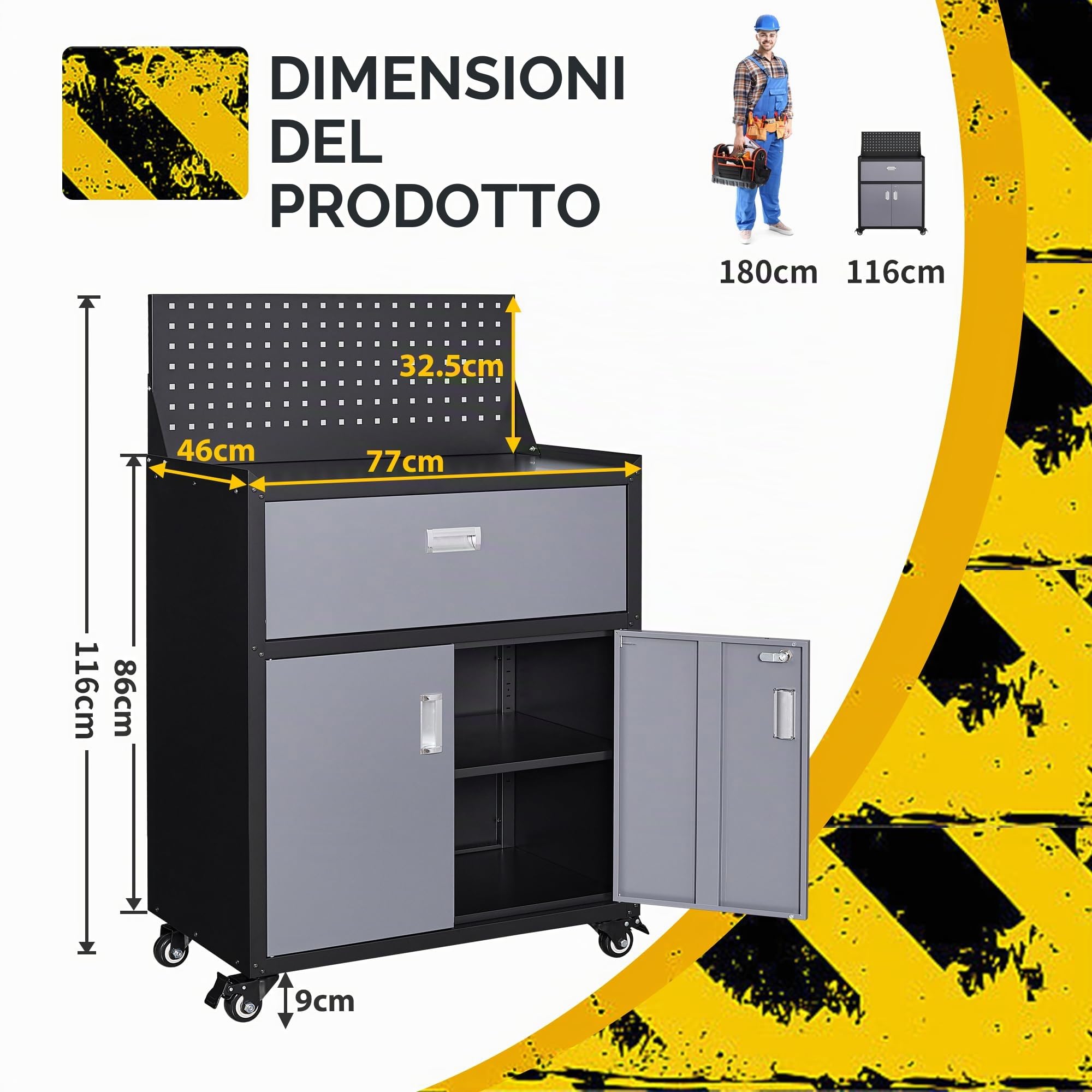 Sightlife Armadietto per attrezzi con ruote 1 cassetto 2 porte con serratura