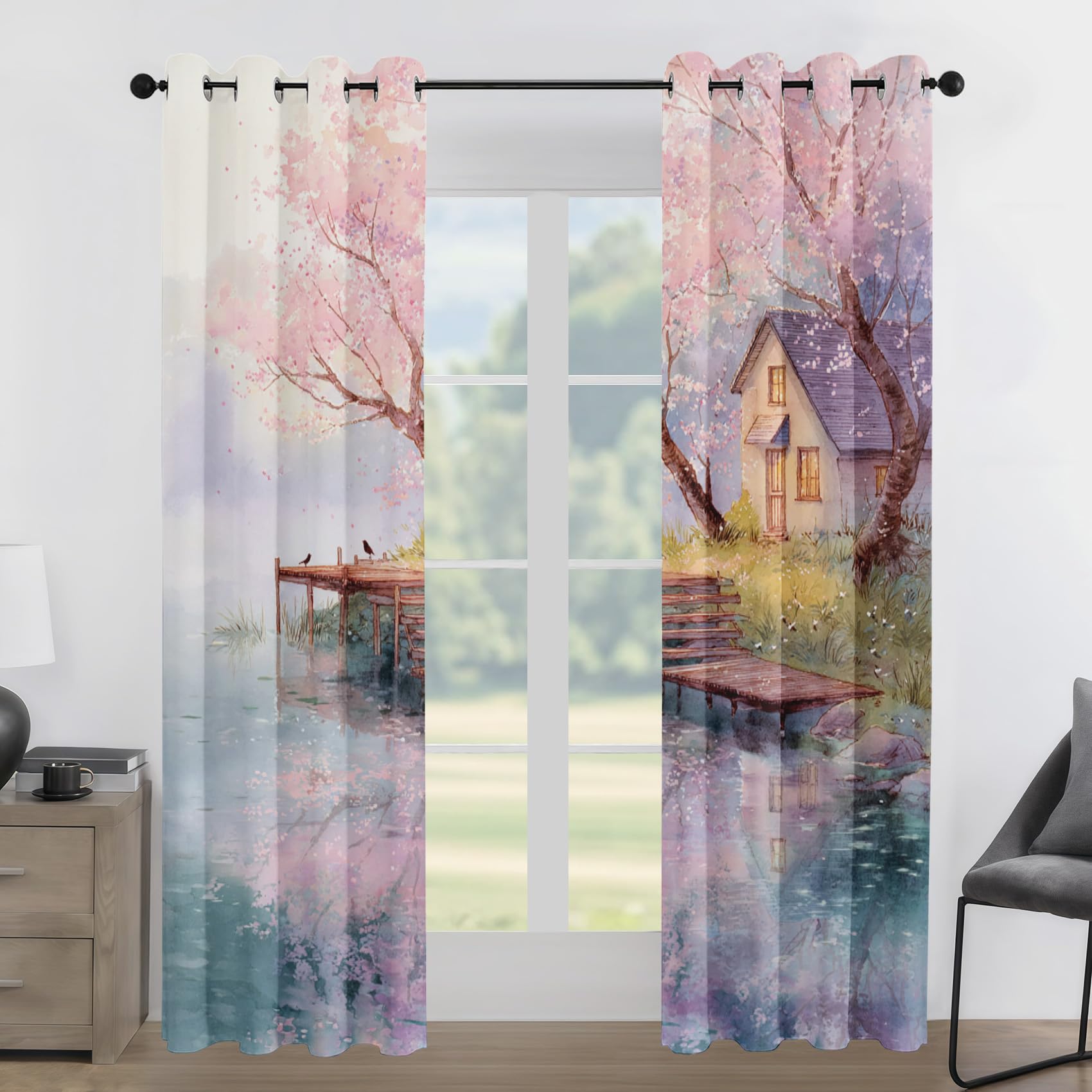 Generisch See Haus Vorhänge Aquarell Blume Vorhang Blickdicht, Gardinen mit Ösen 2er Set, Thermovorhang für Wohnzimmer Schlafzimmer Fenster Deko H 200 x B 85 cm K369p