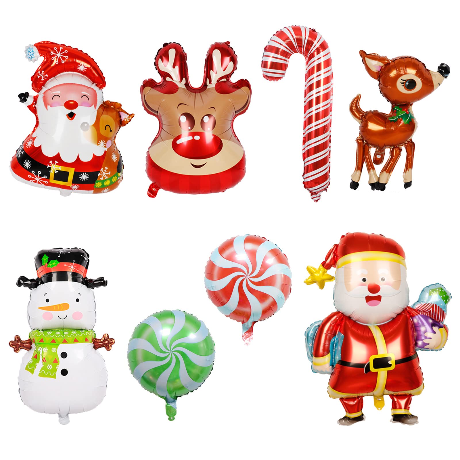 8 Pcs Christmas Foil Balloons Santa Claus Snowman Reindeer Deer Elk Candy Cane Snowflake Aluminum Mylar Helium Party Balloons for Birthday Xmas New Year Carnival Festival Party Decorations Supplies