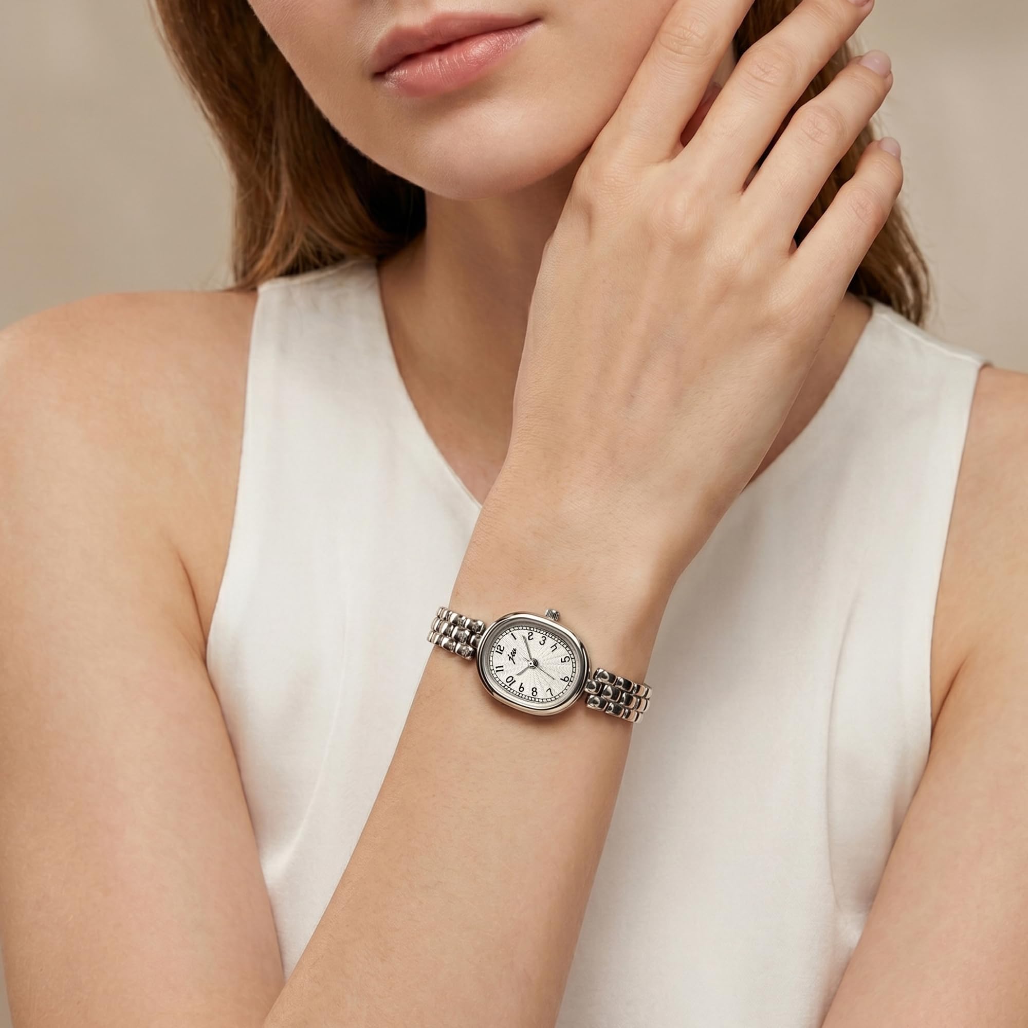 Orologio da polso da donna, dorato, piccolo, ovale, delicato