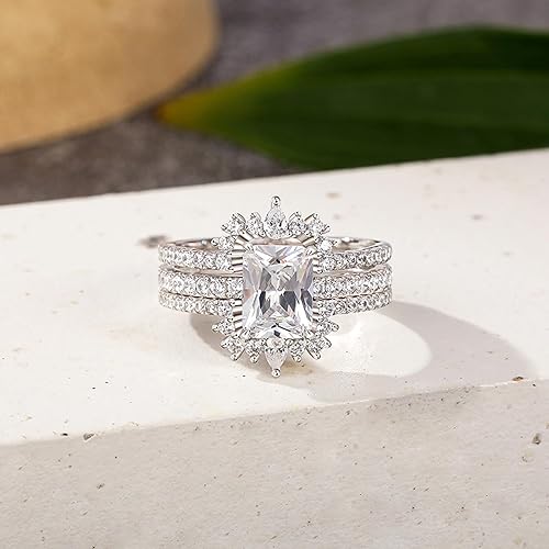 Vista 6 de Jeulia Juego de 2 anillos de compromiso vintage de plata de ley con halo irregular radiante para mujer, con caja de regalo
