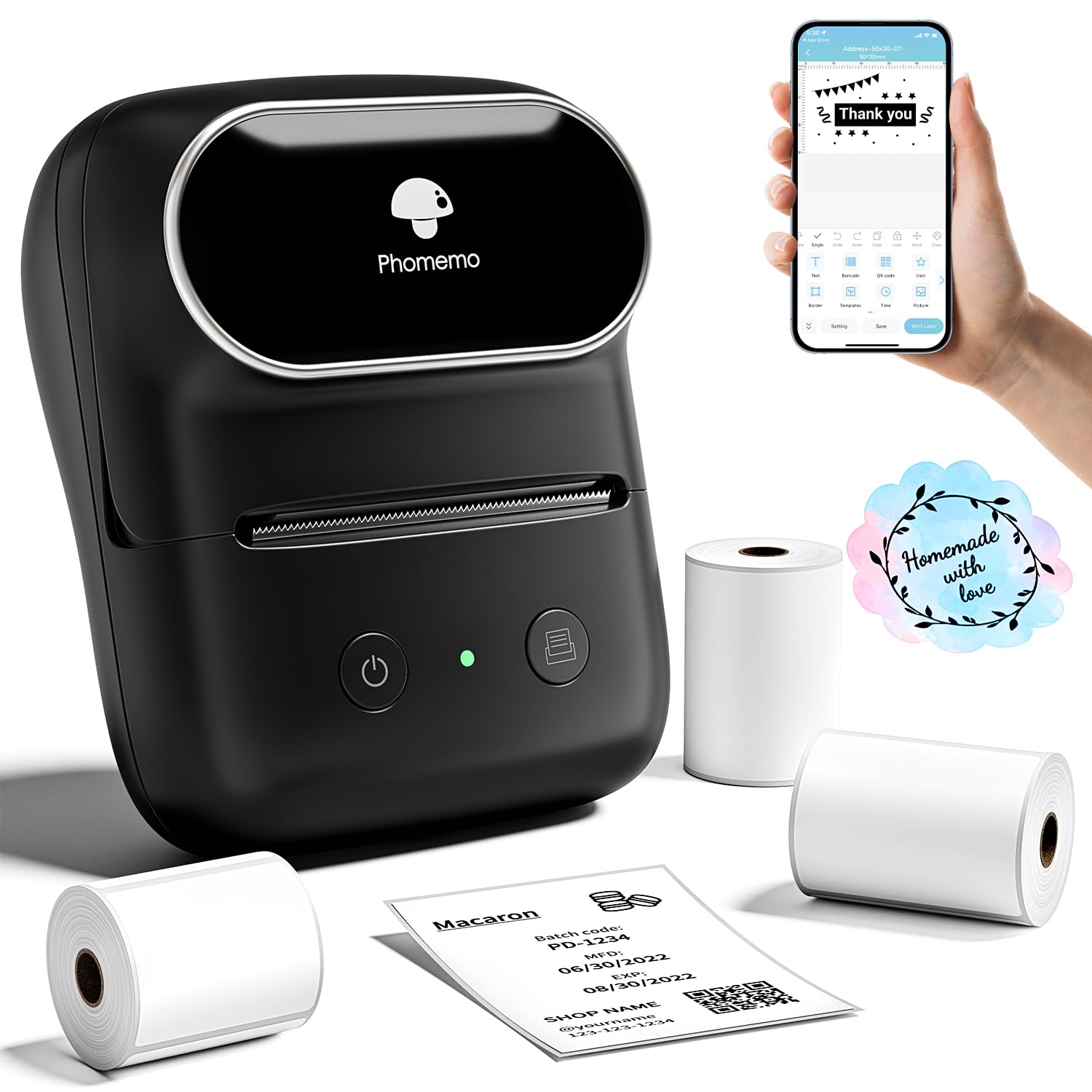 Phomemo M108 - Impresora de etiquetas térmicas autoadhesivas, Bluetooth, 3 rollos, impresión portátil para código de barras