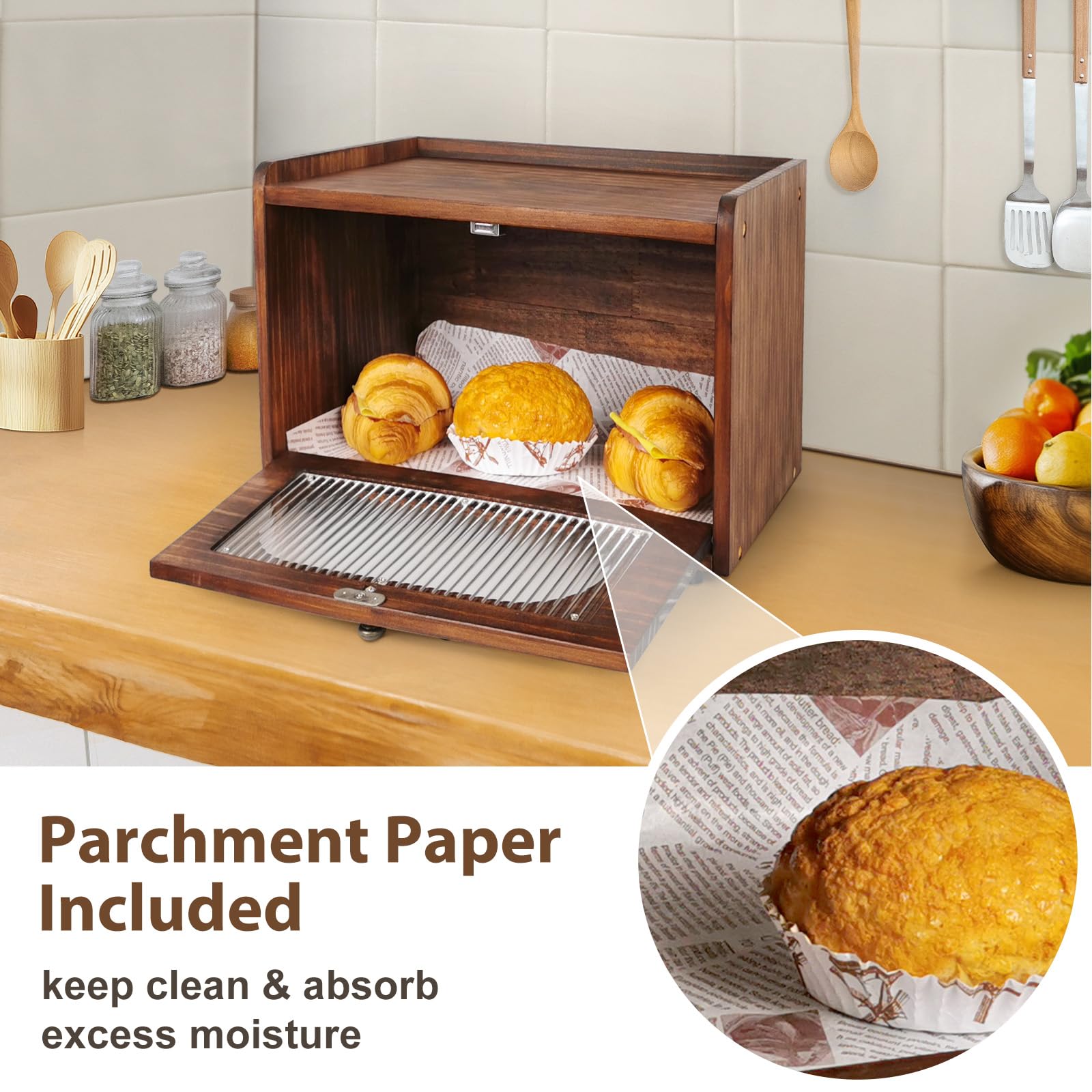 Caja de pan para almacenamiento de encimera de cocina, contenedor de madera para pan, contenedor rústico para pan fresco, contenedor organizador apilable para estantes de alimentos caseros, 5