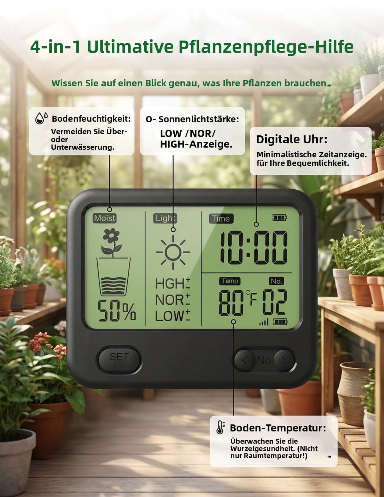 Humidimètre sans Fil pour Sol avec récepteur LCD – Capteur 3-en-1 à 3 sondes (humidité, température, lumière), portée RF de 230 Pieds, étanche, Longue autonomie (Sol 2 Capteurs)