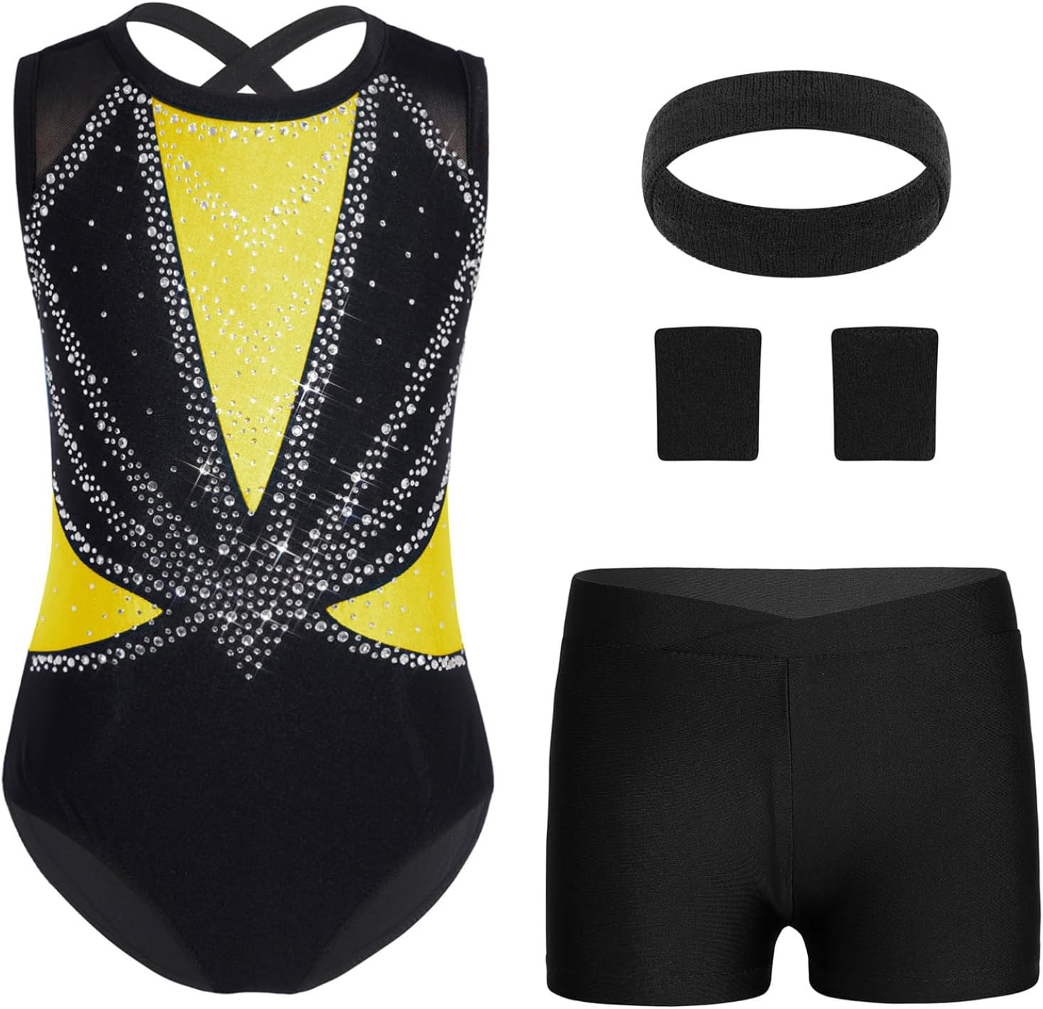 Gymnastics Leotard for Girls Rhinestone Dance Biketard Outfit Set with Shorts and Headband Wristbands