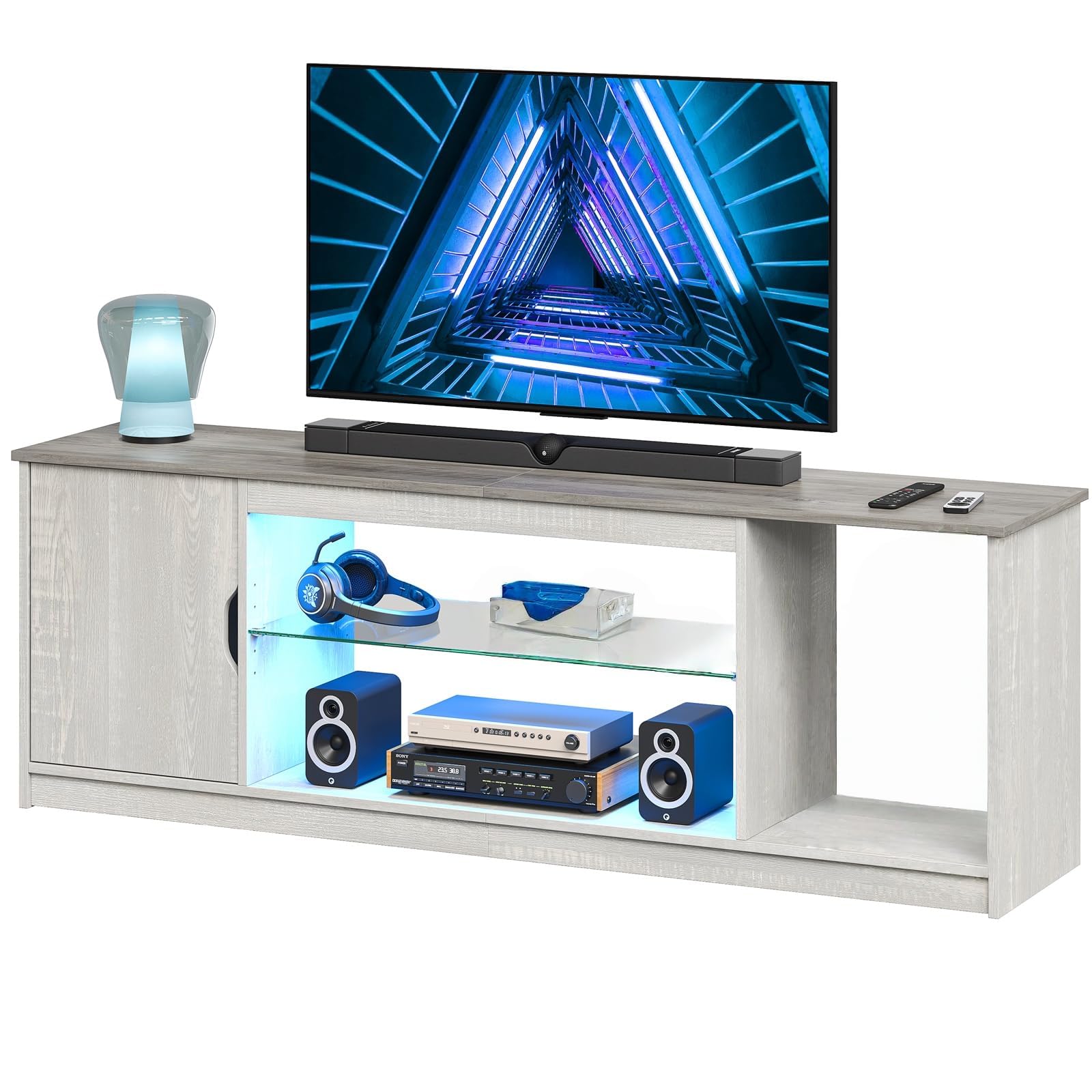 Bestier TV-Schrank, Lowboard für 65 Zoll & kleinere TVs,145 x 35 x 52 cm, Fernsehschrank mit RGB-LED-Leuchten,Fernsehtisch mit verstellbaren Glasböden für Wohnzimmer Schlafzimmer