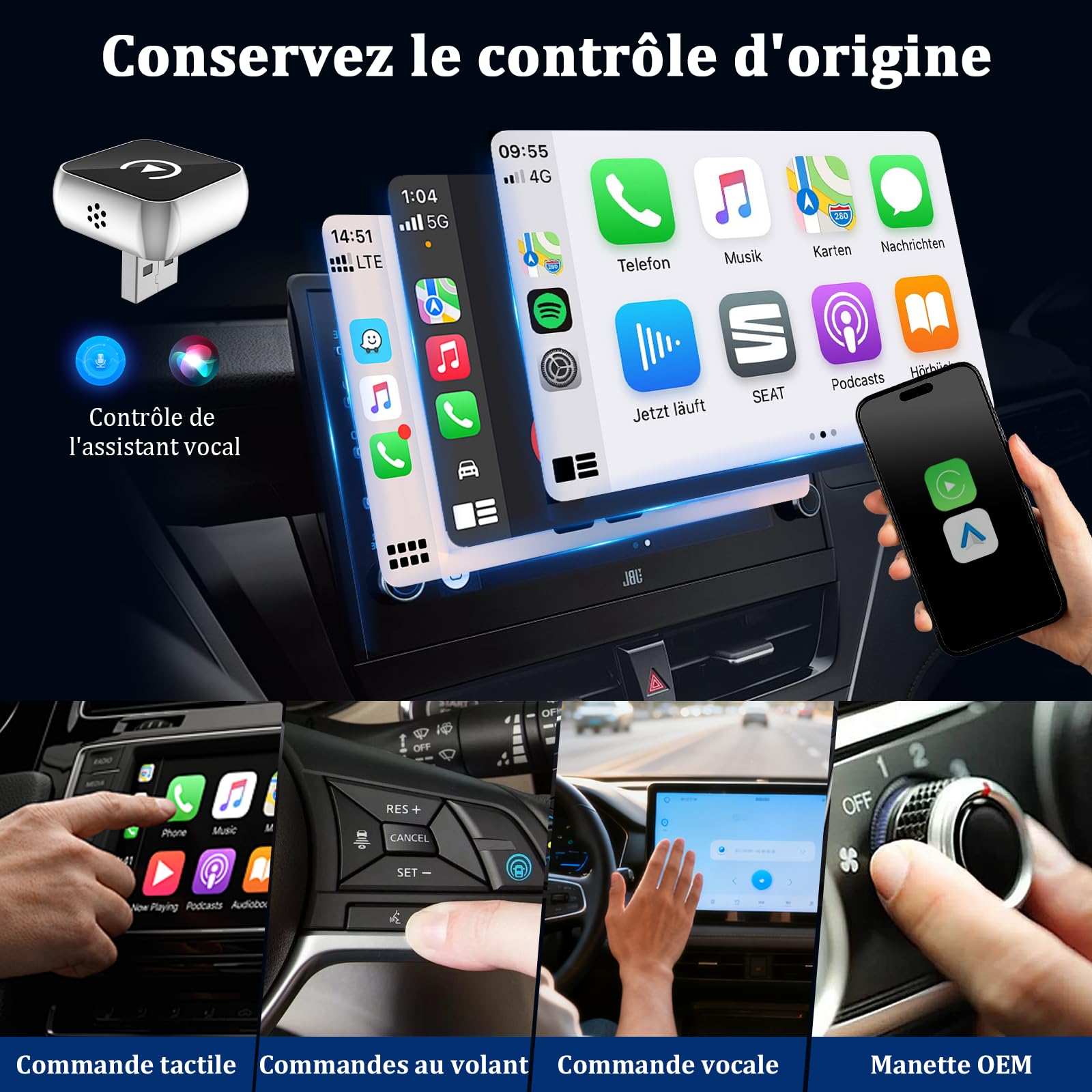 BSTOEM CarPlay sans Fil 2 en 1 pour Apple CarPlay/Android Auto, Mini Adaptateur sans Fil pour iPhone iOS 10+/Android 11+ et Plus de 2016 Voitures, Typ-C/USB, Car Play Voiture (‌Gris foncé‌) 1 pièce