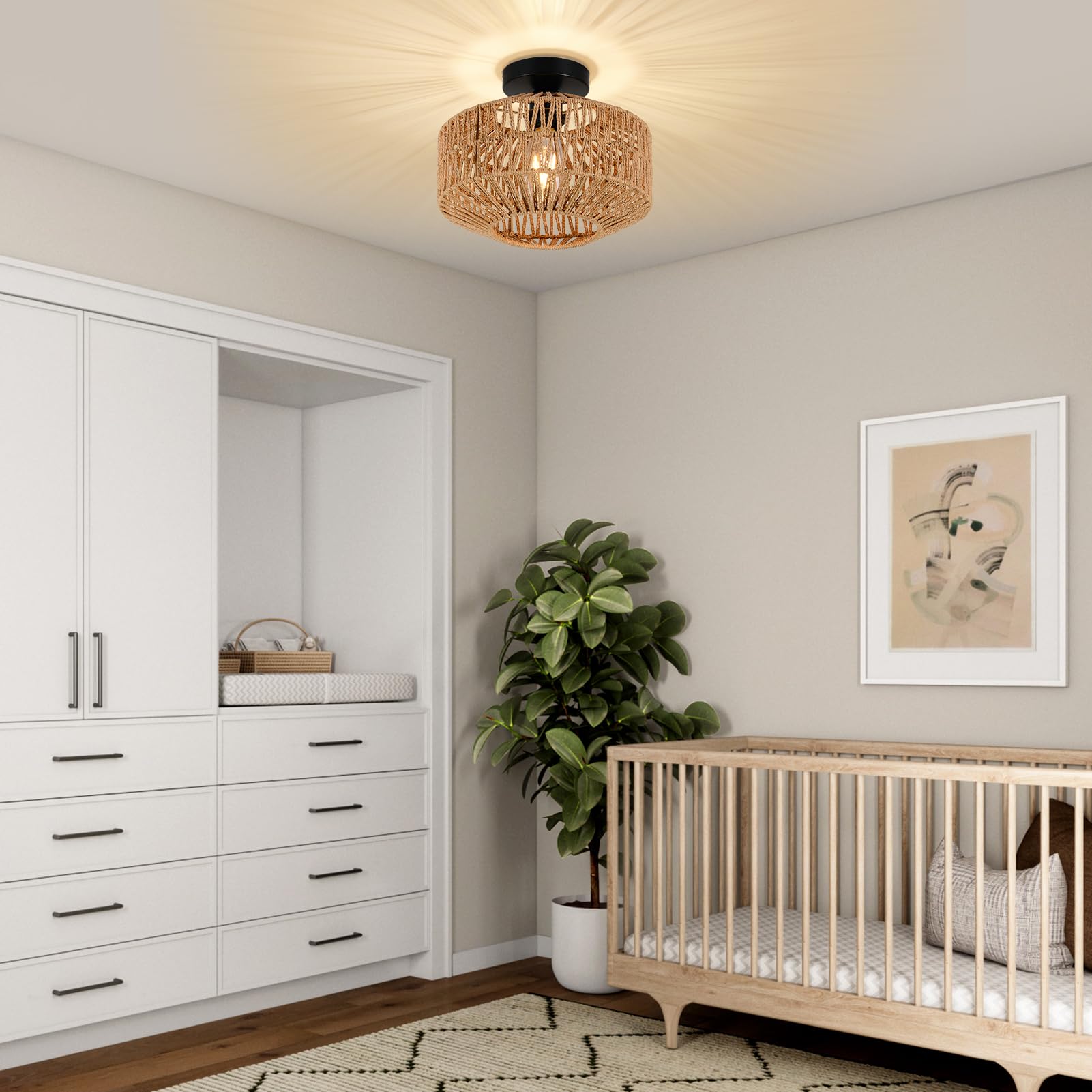 Rayofly plafonnier en rotin suspendu, plafonnier boho avec abat-jour en rotin, plafonnier vintage en bambou, lampe de plafond rustique en rotin pour salon chambre cuisine couloir