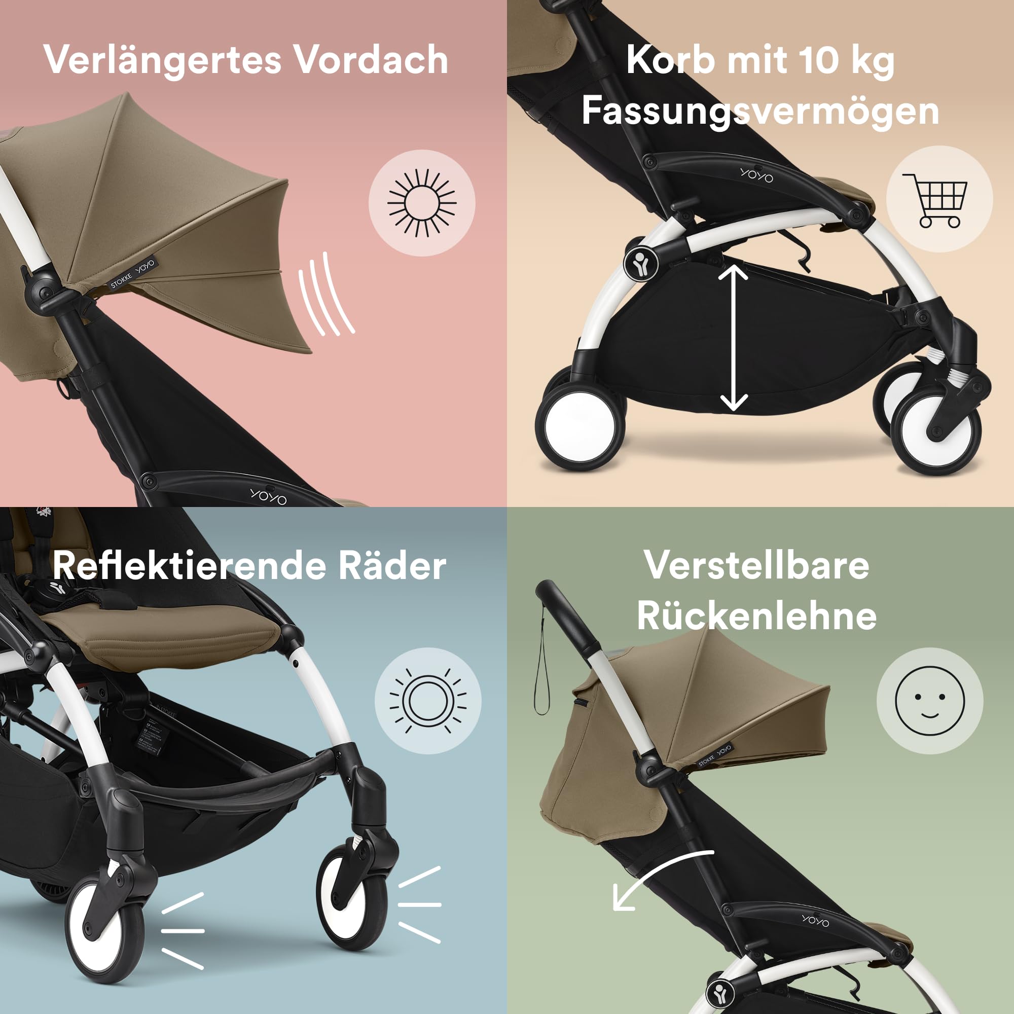 Stokke YOYO3 Kinderwagen mit Liegewanne - Weißer Rahmen, YOYO 6+ Textilset (Toffee) & Liegewanne (Toffee)