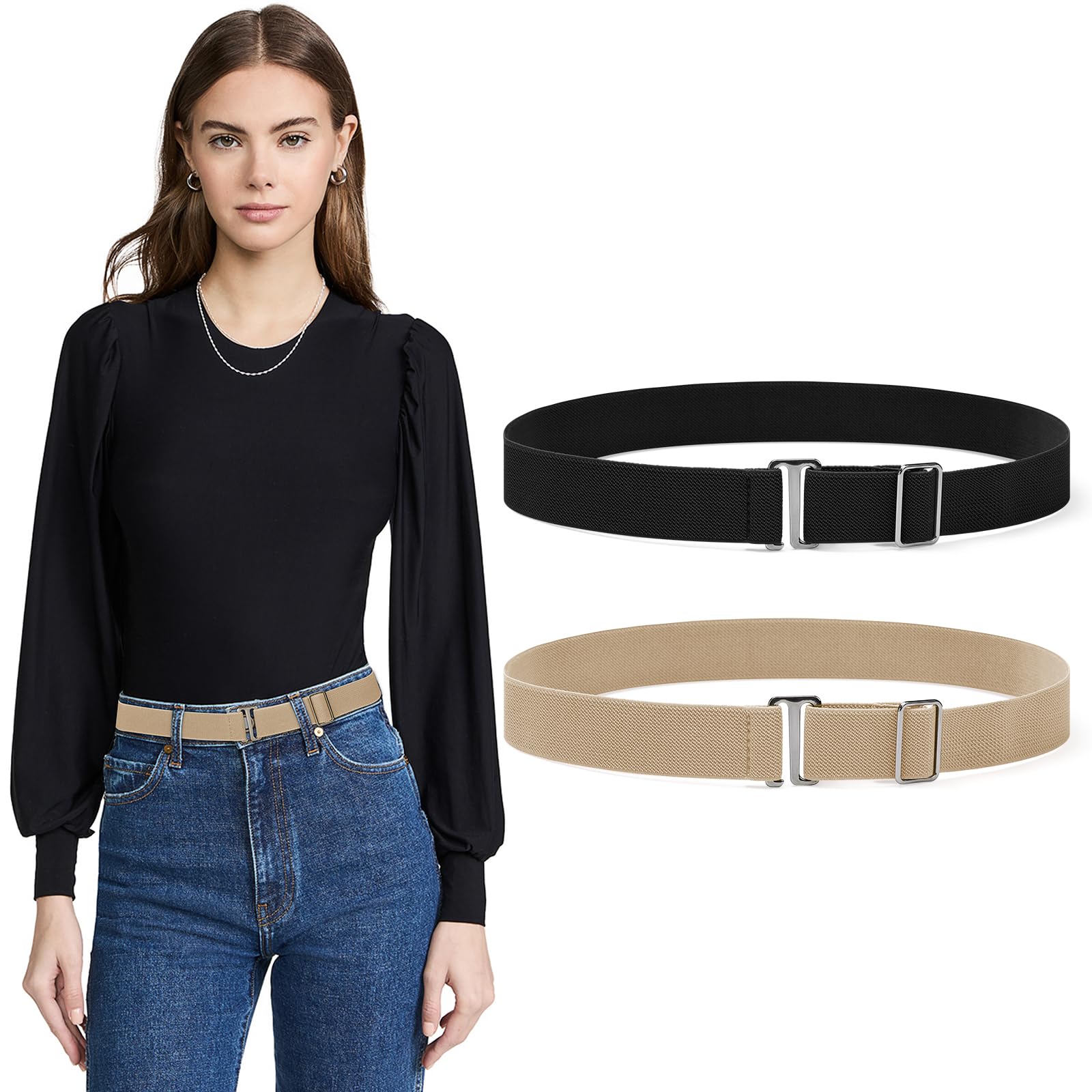 Sightor 2PCS Women No Show Stretch Belt Adjustable Strap with Flat Buckle Invisible Elastic Belt for Jeans Pants