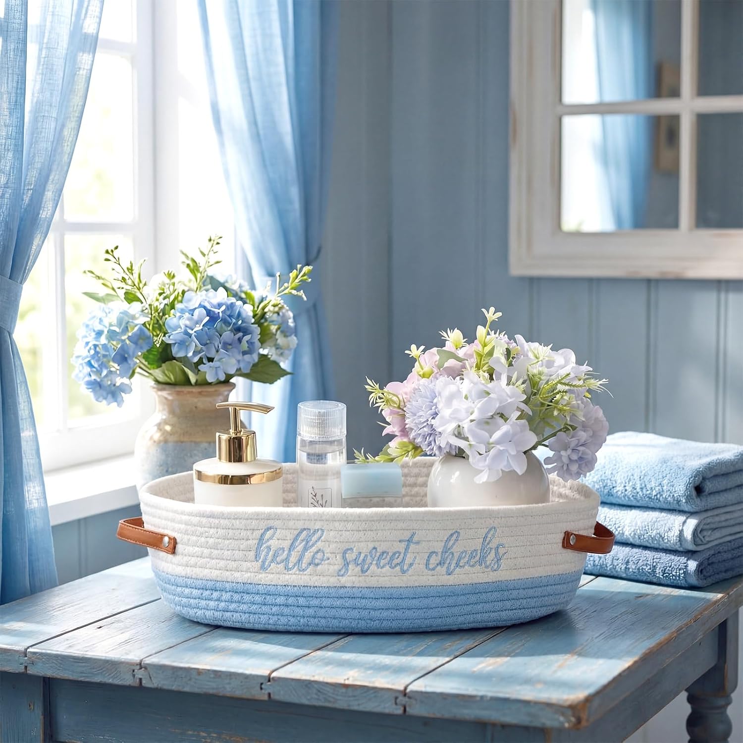Hello Sweet Cheeks Bathroom Decoration Blue and White Cotton Rope Toilet Basket Toilet Paper Holder Basket Rustic Bathroom Organizer Farmhouse Home Decoration Organizing Small Baskets