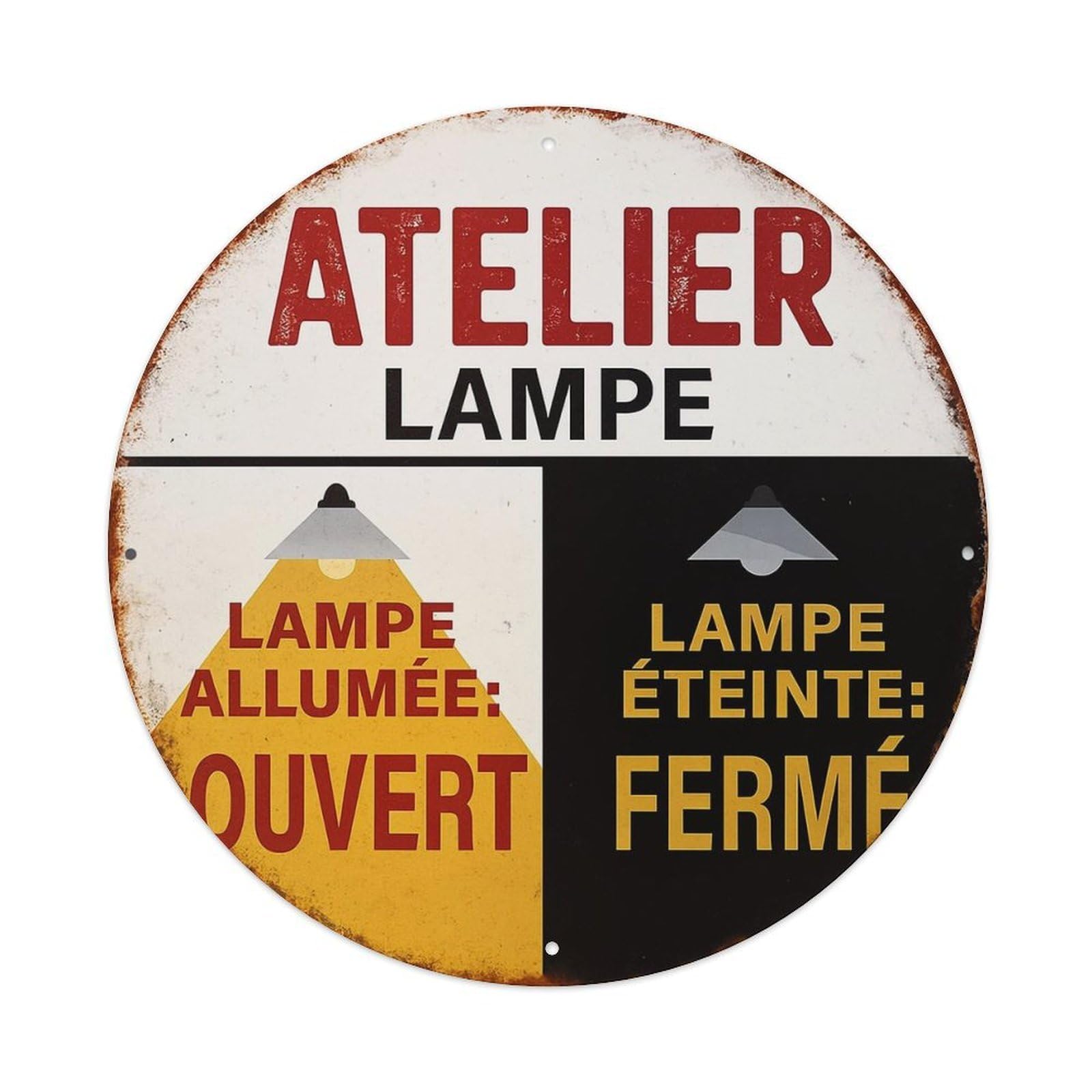Atelier Lampe Open Closed Lamp Vintage Round Tin Sign Retro Metal Wall Decor Metal Poster, Home Bar Garage Cafe Wall Art Decoration 8x8Inches