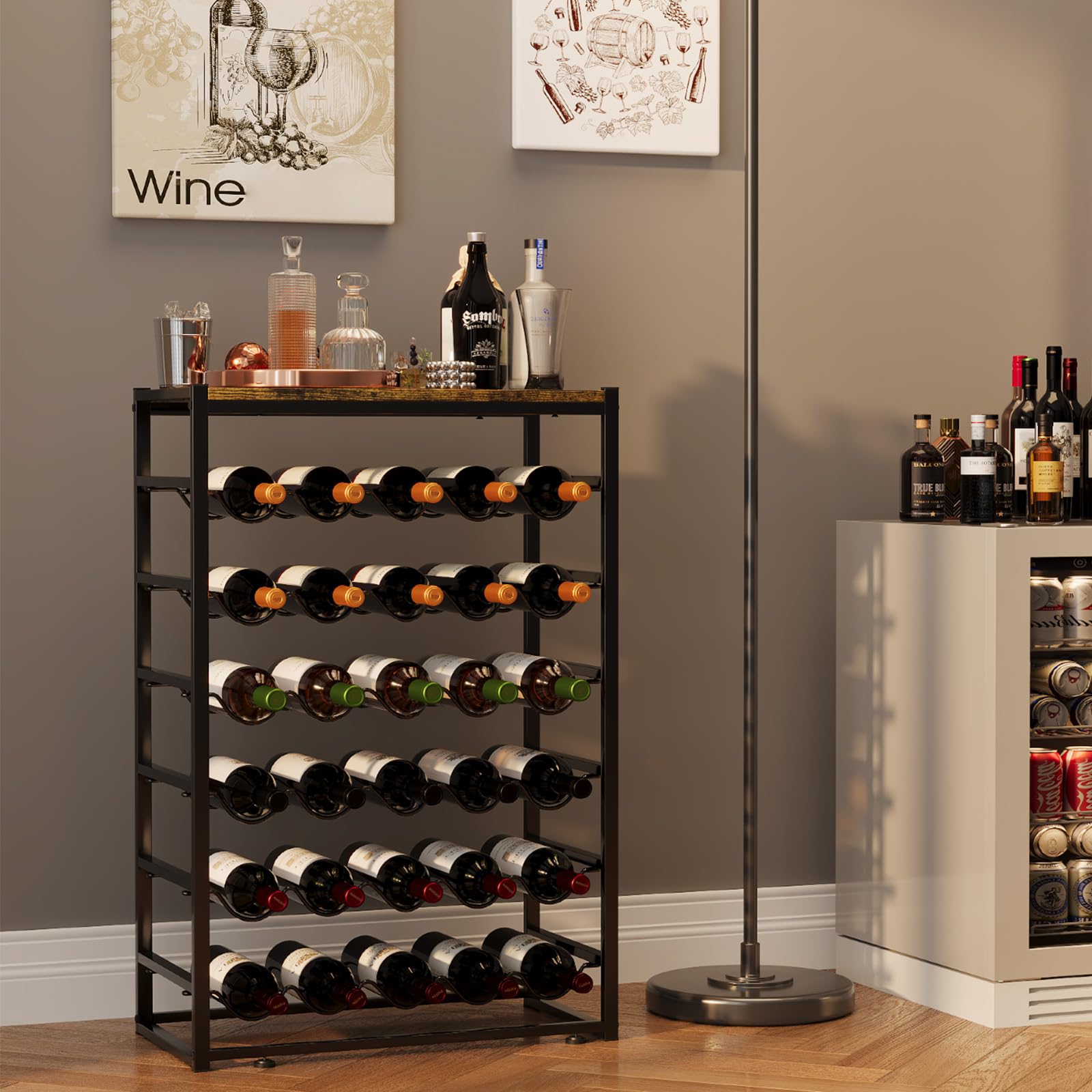 Urban Deco Weinregal für 30 Flaschen, Flaschenregal Stehend mit Holz Tischplatte, Weinregal Metall Schwarz für Küche Bar Keller Esszimmer, 59 x 30 x 89 cm