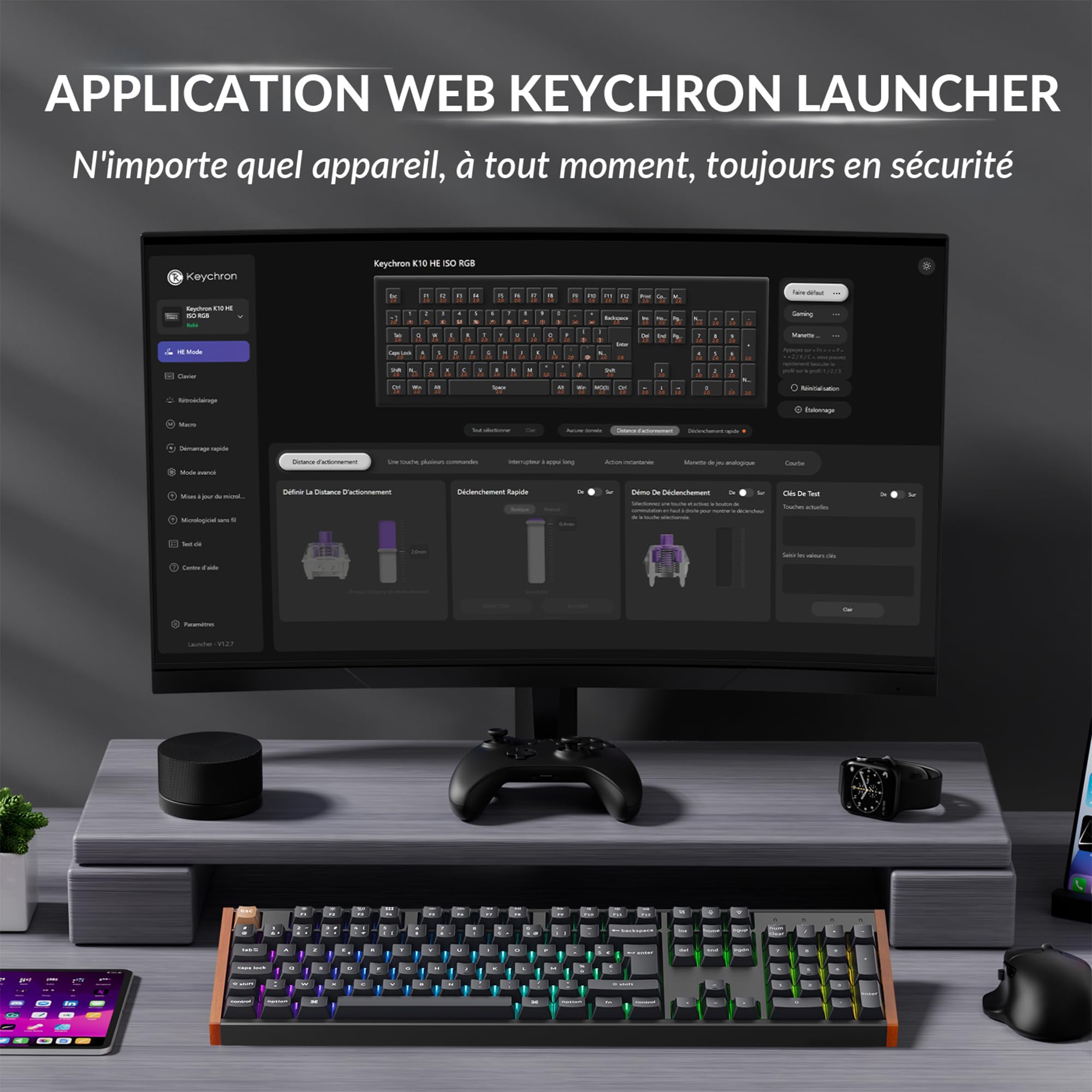 Keychron K10 HE Clavier AZERTY Magnétique sans Fil, 100% ISO-FR Layout, Point d’Activation Réglable, RGB, Touches PBT à Profil Cherry Sublimées, pour Mac/Windows/Linux, Cadre Latéral en Bois, Noir