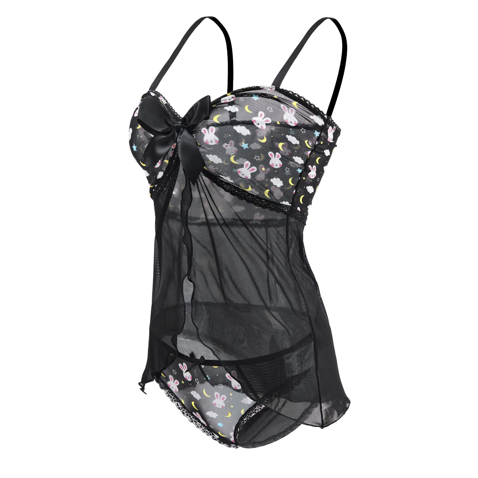 Littleforbig Women Nightwear Lace Babydoll Strap Chemise Halter Lingerie V Neck Sleepwear - Bedtime Bunny Black: Small Black