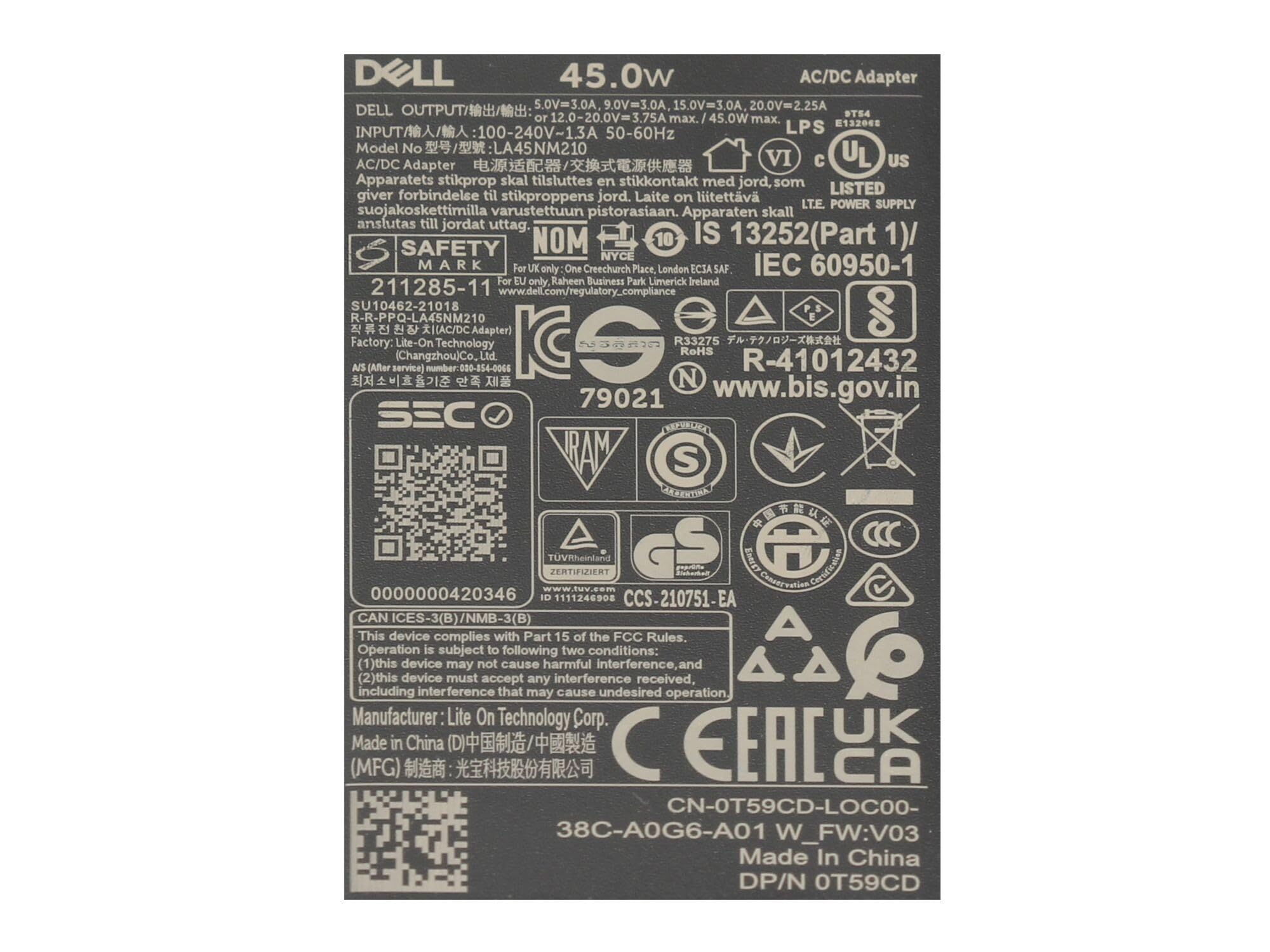 Dell KR7FK originale USB-C GaN-alimentatore 45 watt forma piccolo Small Slim per Venue 8 Pro, 10 Pro, Inspiron 17 (7778), Latitude 11 (5175), 13 (7370), 12 (5289), XPS 13 (9365)