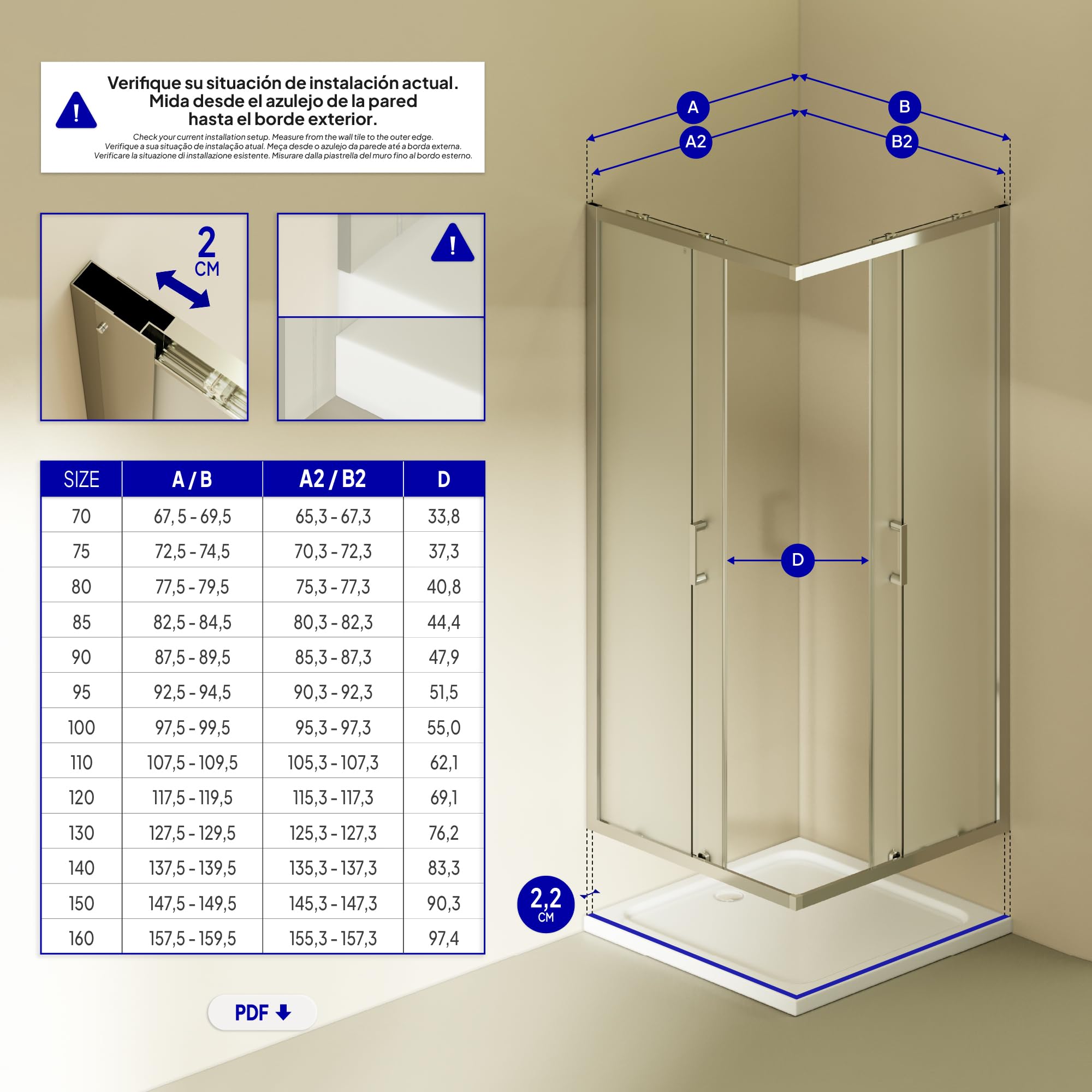 Mampara de Ducha Diana 75x75x190cm | REVERSIBLE | Puerta corredera, Ajuste 72,5-74,5 x 72,5-74,5cm | Perfiles Cromados, cristal de seguridad ESG Satinado de 6mm