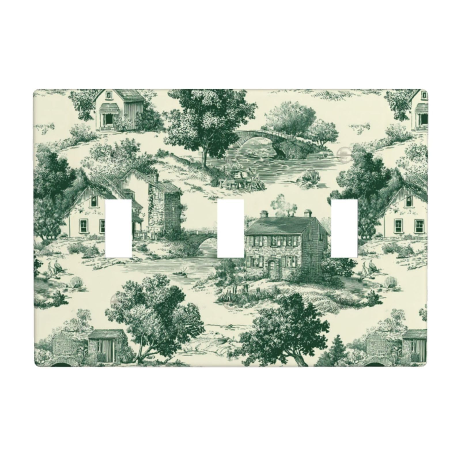 Green Cottagecore Toile Pattern Light Switch Covers 3 Gang Triple Toggle Wall Plate Switchplate Electrical Faceplate for Bathroom Kitchen Bedroom Decor