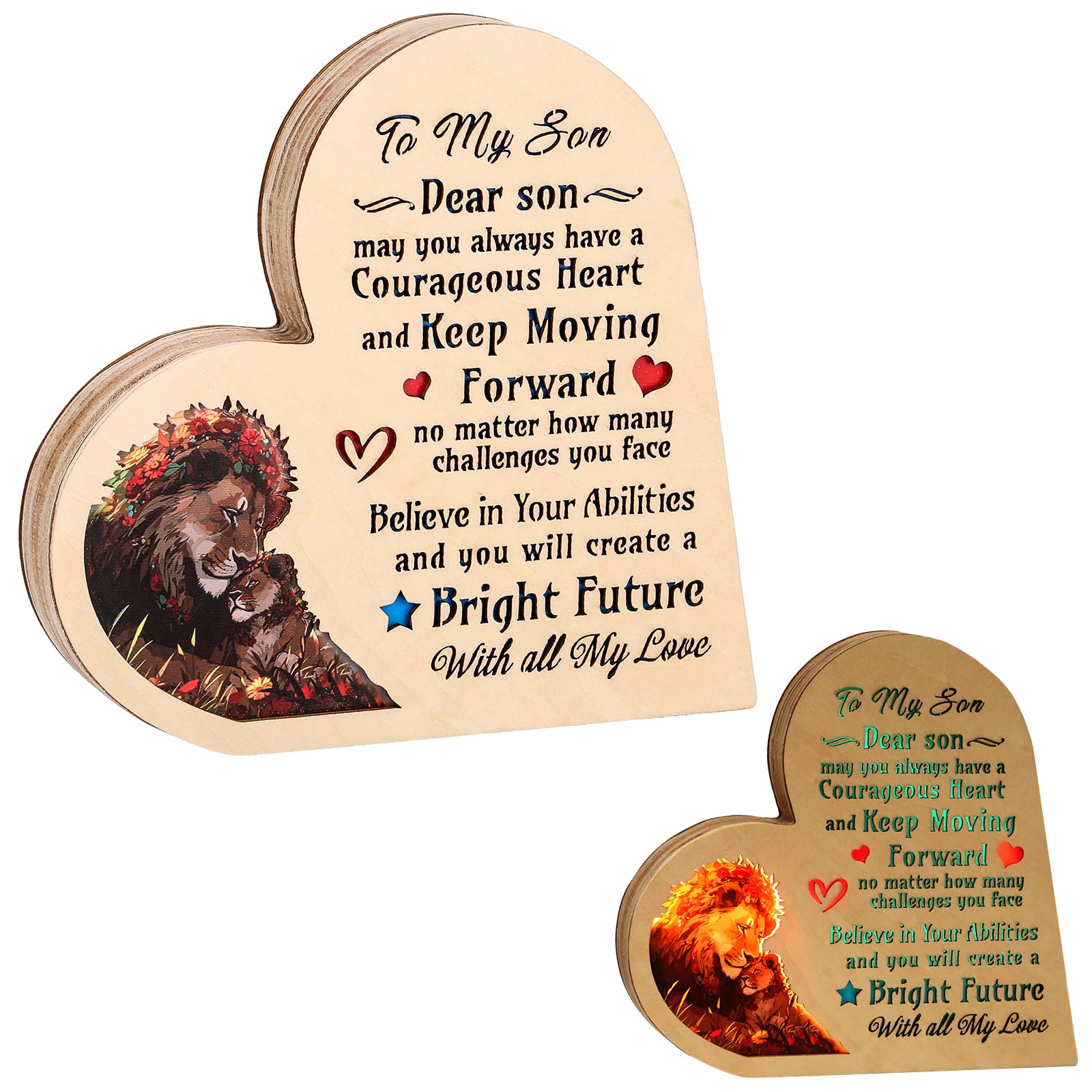 Personalised Wooden LED Heart-Shaped Bedside Lamp, Touching Words Engraved Night Light for Son, Bedroom Decoration, Idea Birthday/Christmas/Graduation Gifts for Son