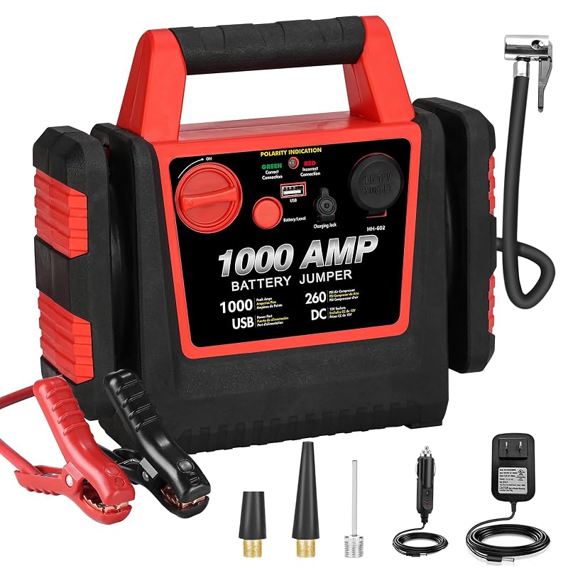 Auxiliar de Partida acetek 1000 A 12 V com Compressor de Ar de 260 PSI, Bateria de Chumbo-Ácido e Estação de Energia de 10.000 mAh HH602