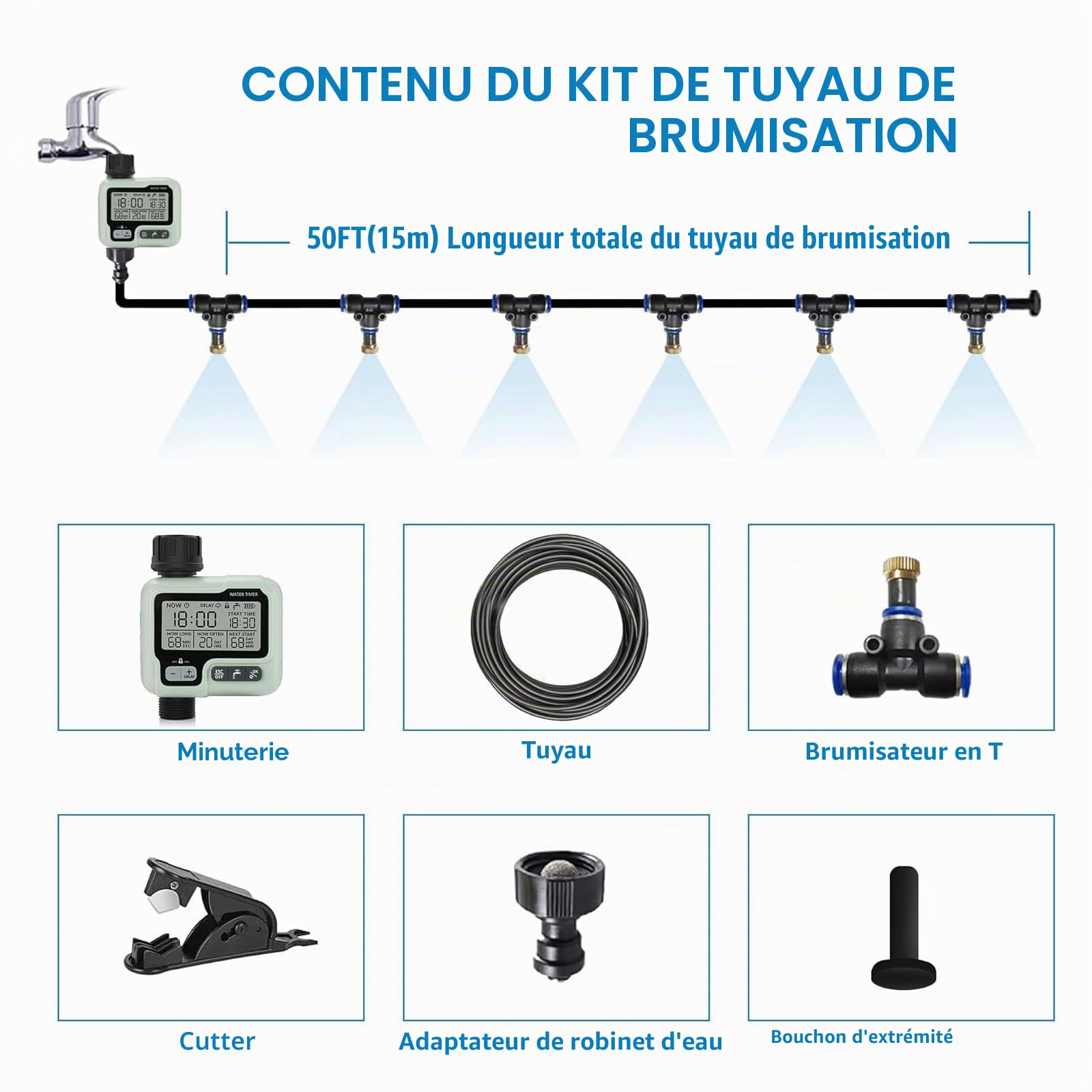 Système de brume extérieure pour terrasse extérieure, système de refroidissement par brumisation de 20 m + minuteur d'eau, tuyau de brume d'eau pour jardin, serre, parapluie, terrasse, auvent,