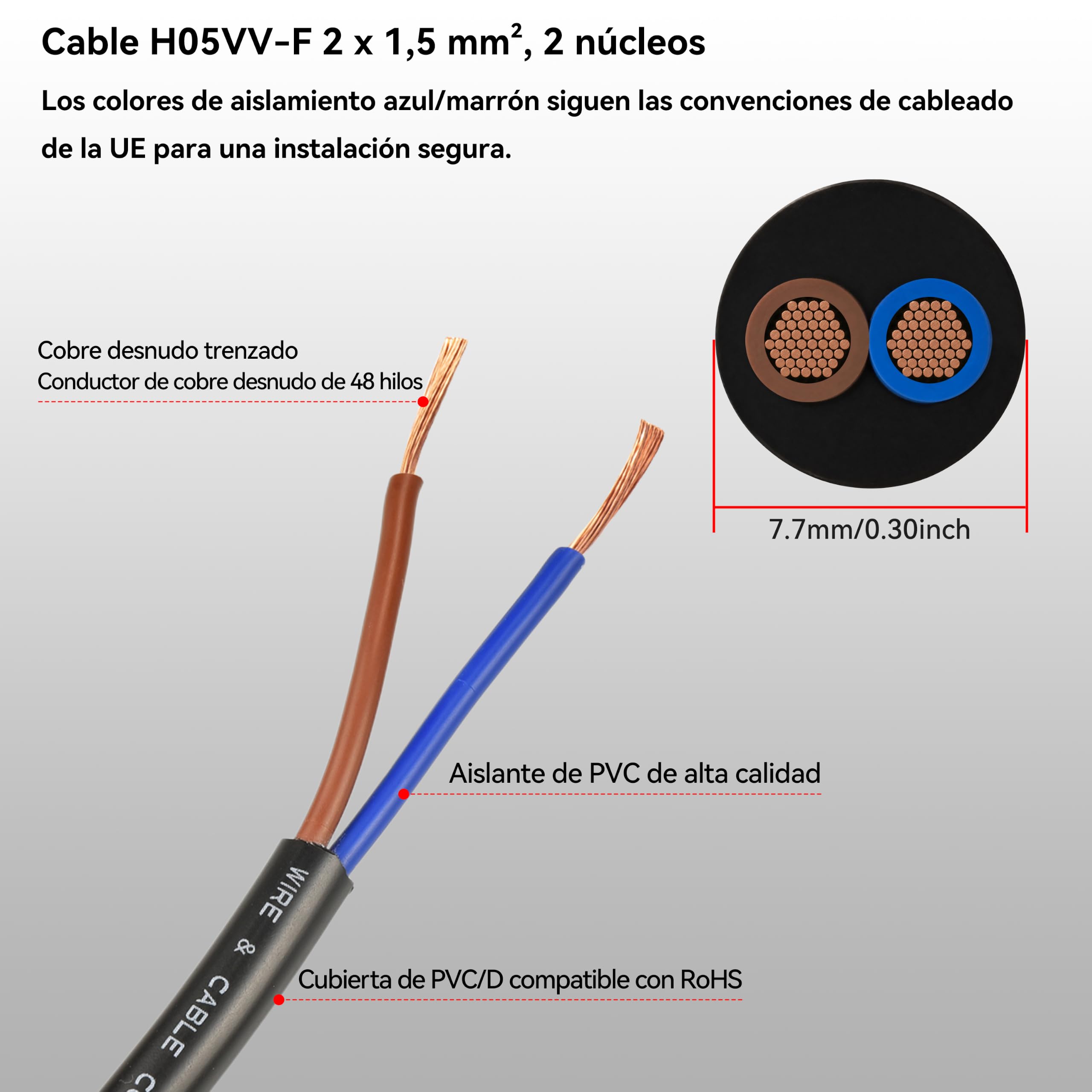 10M H05VV-F 2 Hilos 1,5mm² Cable de Alimentación Negro Flexible PVC