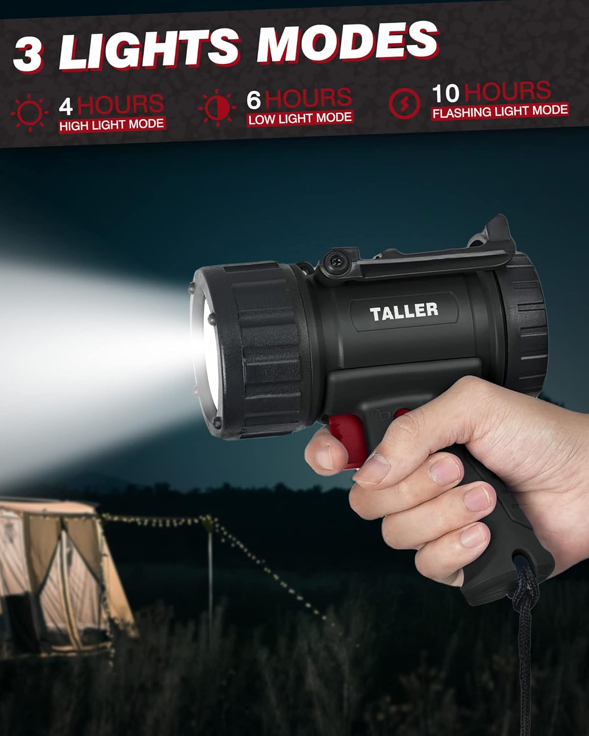 Taller Upgraded Rechargeable Spotlight Outdoor, Super Bright Hand Held Work Lights Flashlight Warning Lamp, IPX7 Waterproof Lightweight LED Spotlight for Boat Camping, Hunting - Black