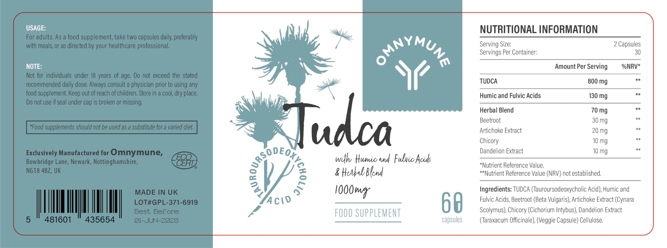 TUDCA – Supplément de Qualité – 1000 mg par Portion, Acide Tauroursodésoxycholique, 360 Gélules