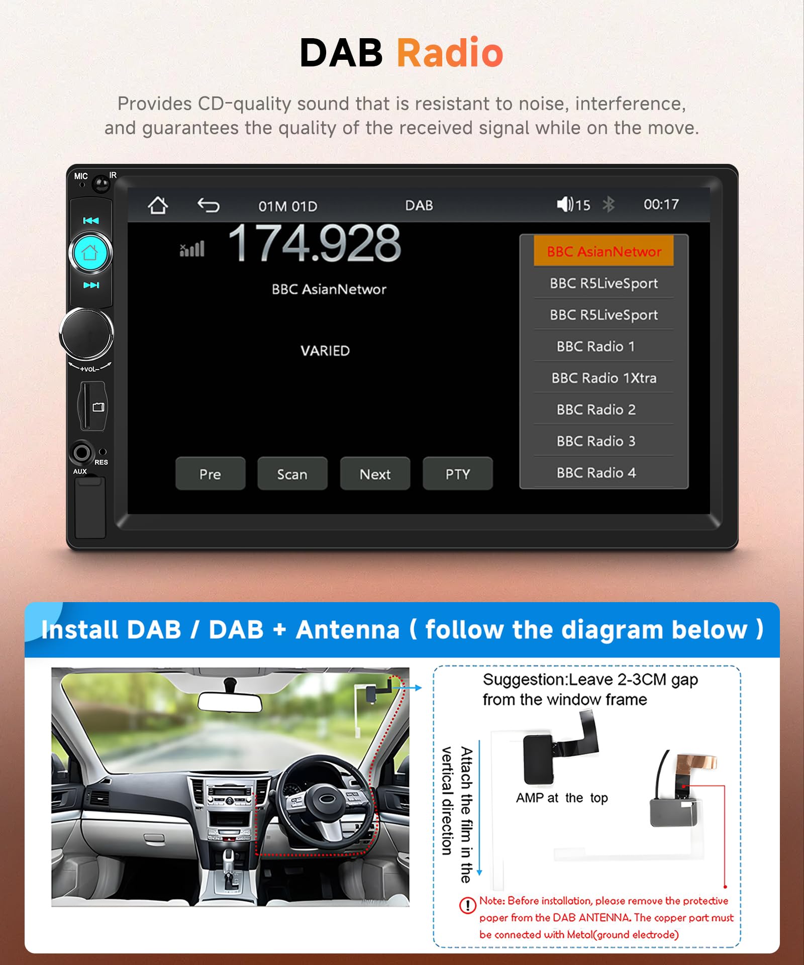 Rimoody DAB+/DAB Autoradio 2 Din con Wireless Carplay Android Auto iOS/Android Mirror Link, 7 Pollici Touchscreen Radio con Bluetooth 5.2 FM Radio USB/EQ Controllo del Volante Telecamera Posteriore