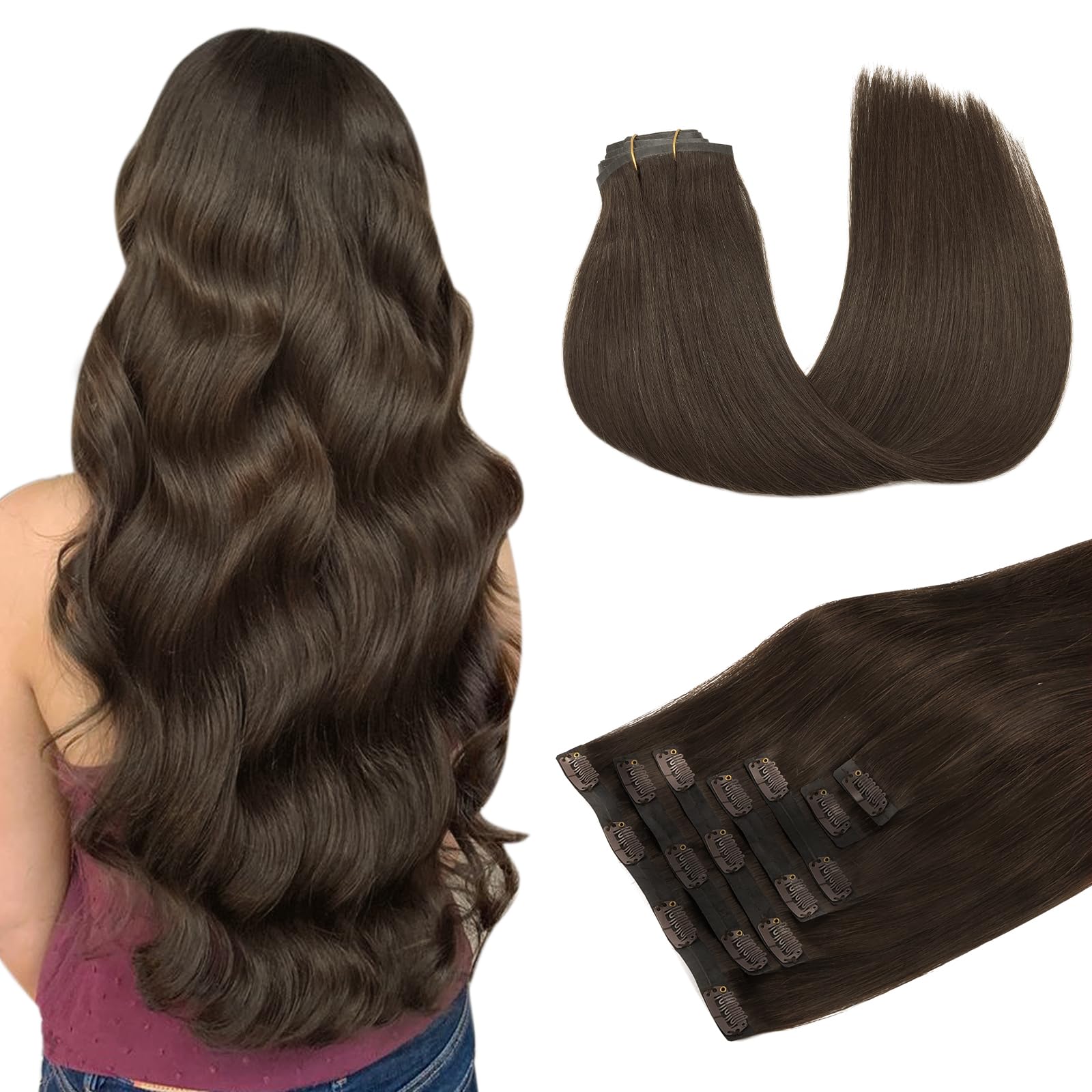 Seamless Clip in Hair Extensions Real Human Hair, Light Dark Brown 18 Inch 110g 7pcs, Human Hair Extensions Clip in Hair Extensions Remy Human Hair Extensions Straight Natural Hair