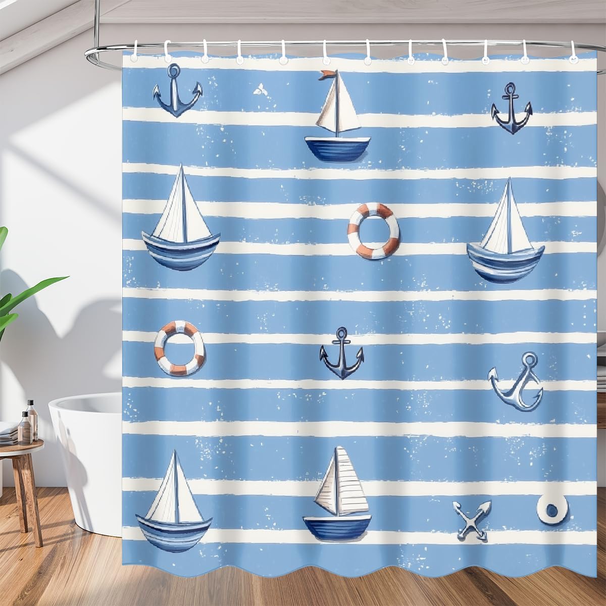 Uiyiui Multicolor-1 Nautical Shower Curtain 59X67in/150X170cm/Wxh Blue Stripes Featuring Anchors Lifebuoys And Sailboats Shower Curtains For Bathroom Decor, Polyester Waterproof Fabric With Hooks