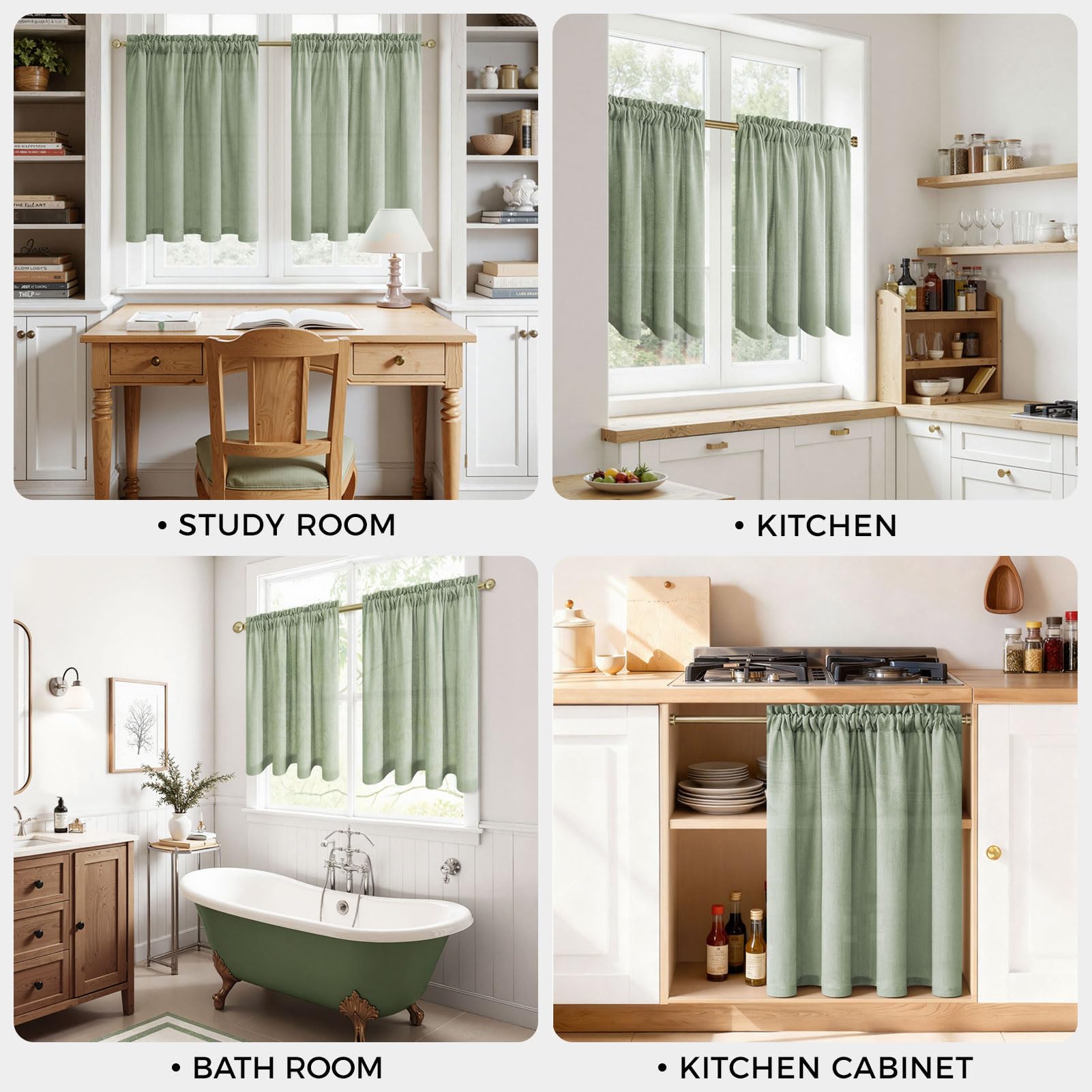 MRTREES Scheibengardinen Leinenoptik Salbeigrün, Küchengardine H 45 x B 60 cm 2er Set, Vorhänge Küche Landhaus Lichtdurchlässig Moderne Bistrogardine Kurz Stangendurchzug Klein Fenster
