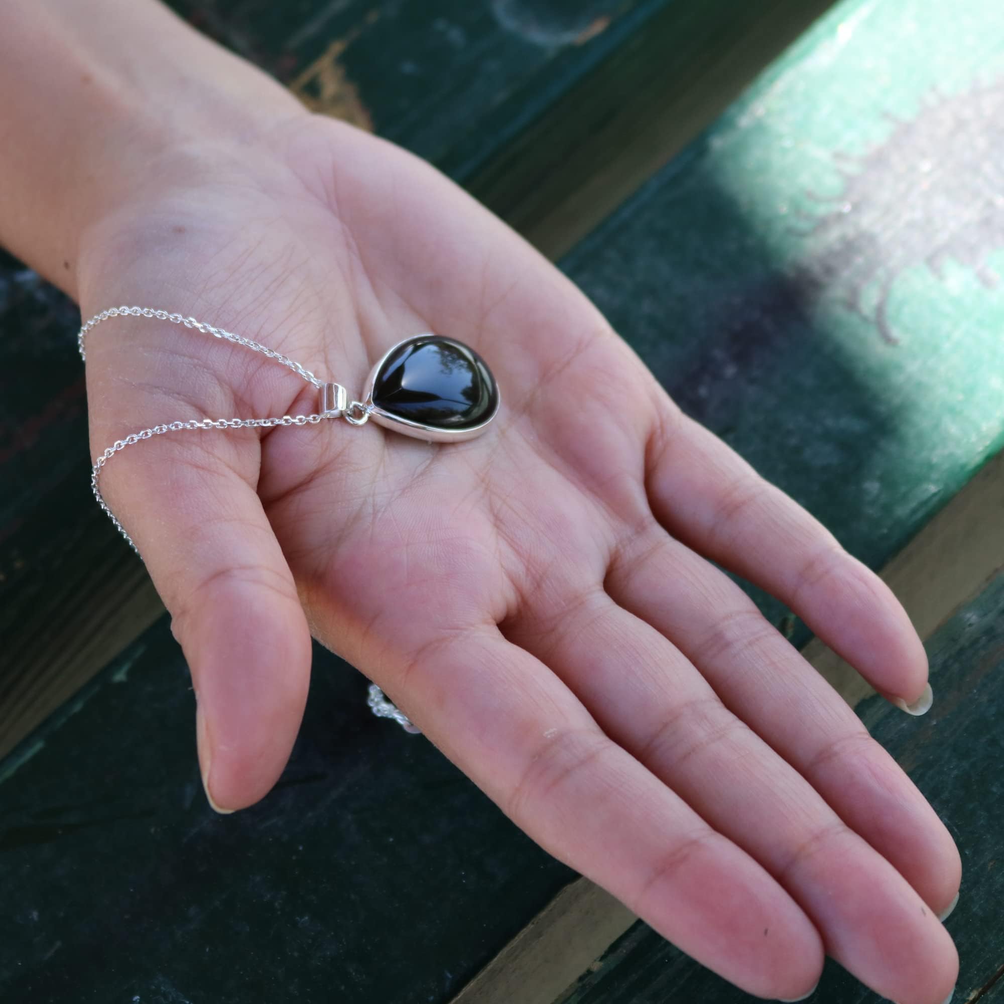 Handgefertigtes Sterling Silber 925 Schwarzer Onyx Tropfenförmiger Anhänger 18x25mm Halskette mit 45+5cm Kette