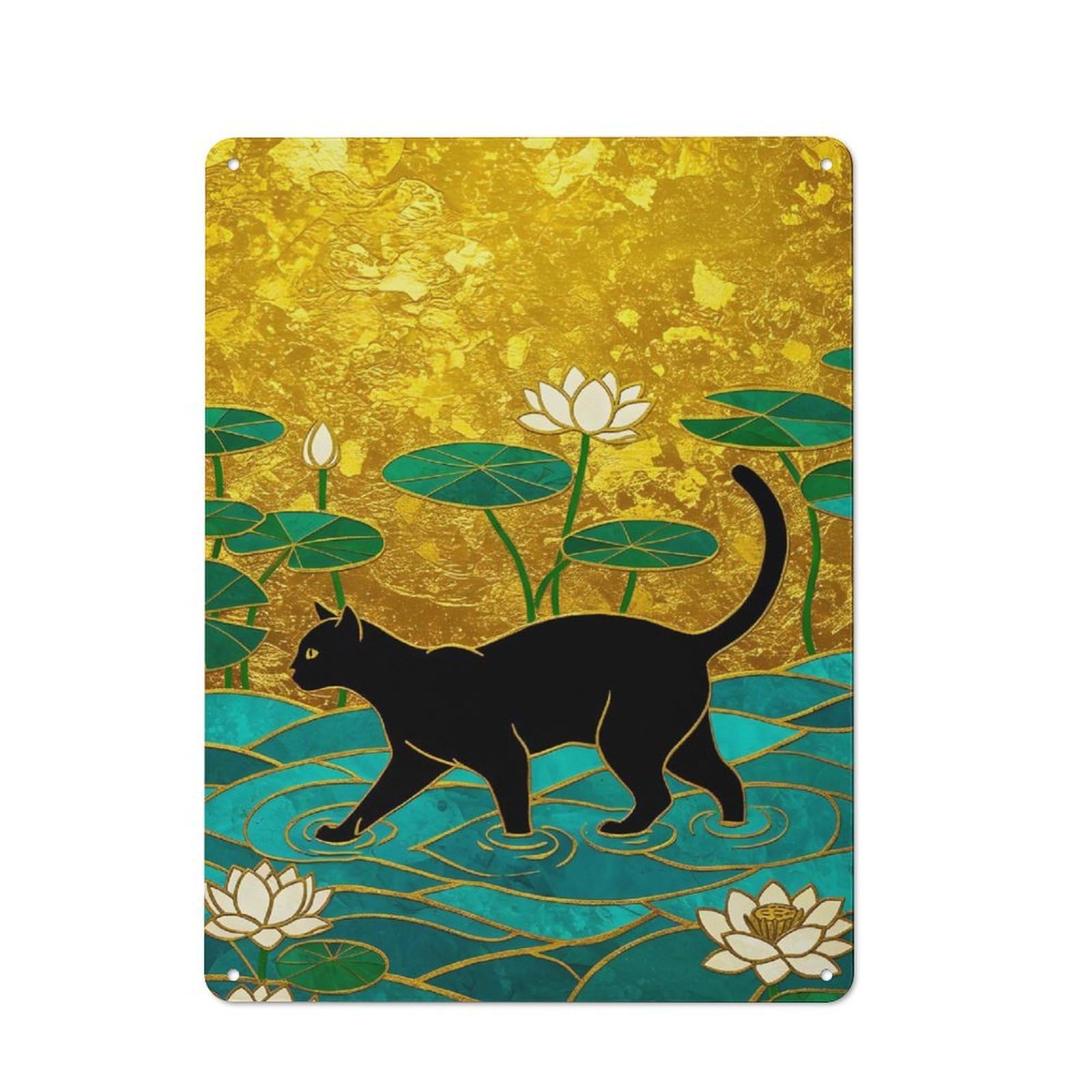 Junmoney Style-12 For Living Room Or Hallway, Black Cat In Lotus Pond Vintage Metal Plaque 40X30cm, For Vintage Wall Decor Fans, For Metal Sign Collectors