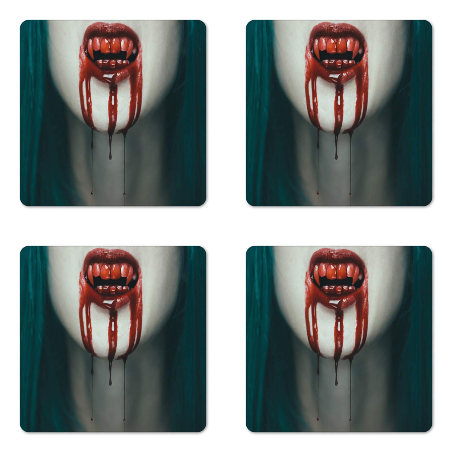 Lunarable Vampire Coaster Set of 4, Realistic Scary Vampire Woman Blood on Her Teeth Close up Horrifying Image, Square Hardboard Gloss Coasters for Drinks, Red Teal Eggshell